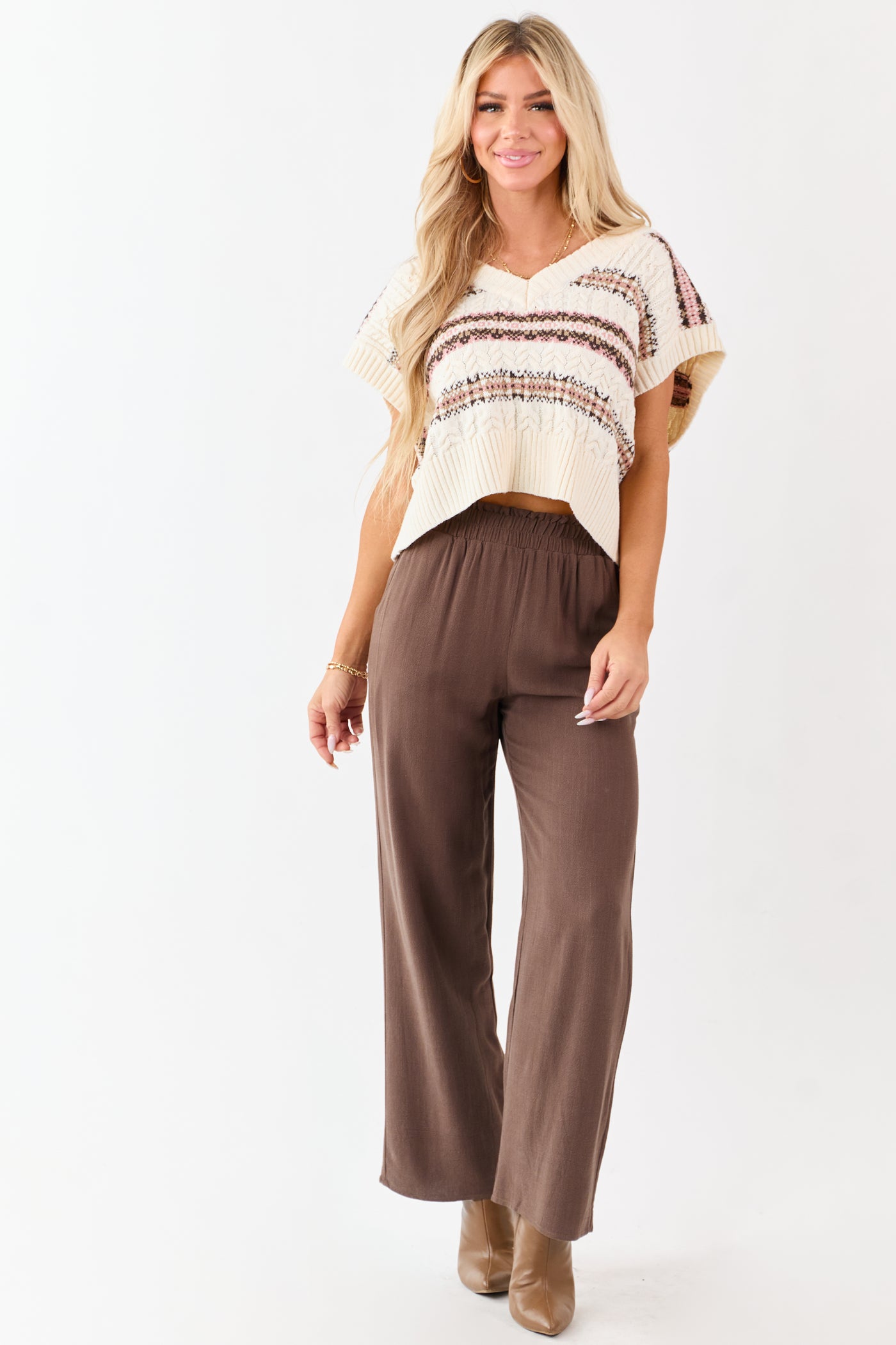 Coffee Smocked Waistband Wide Leg Linen Blend Pants
