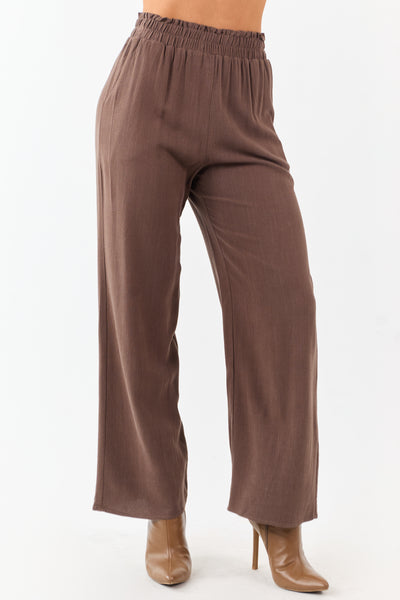 Coffee Smocked Waistband Wide Leg Linen Blend Pants
