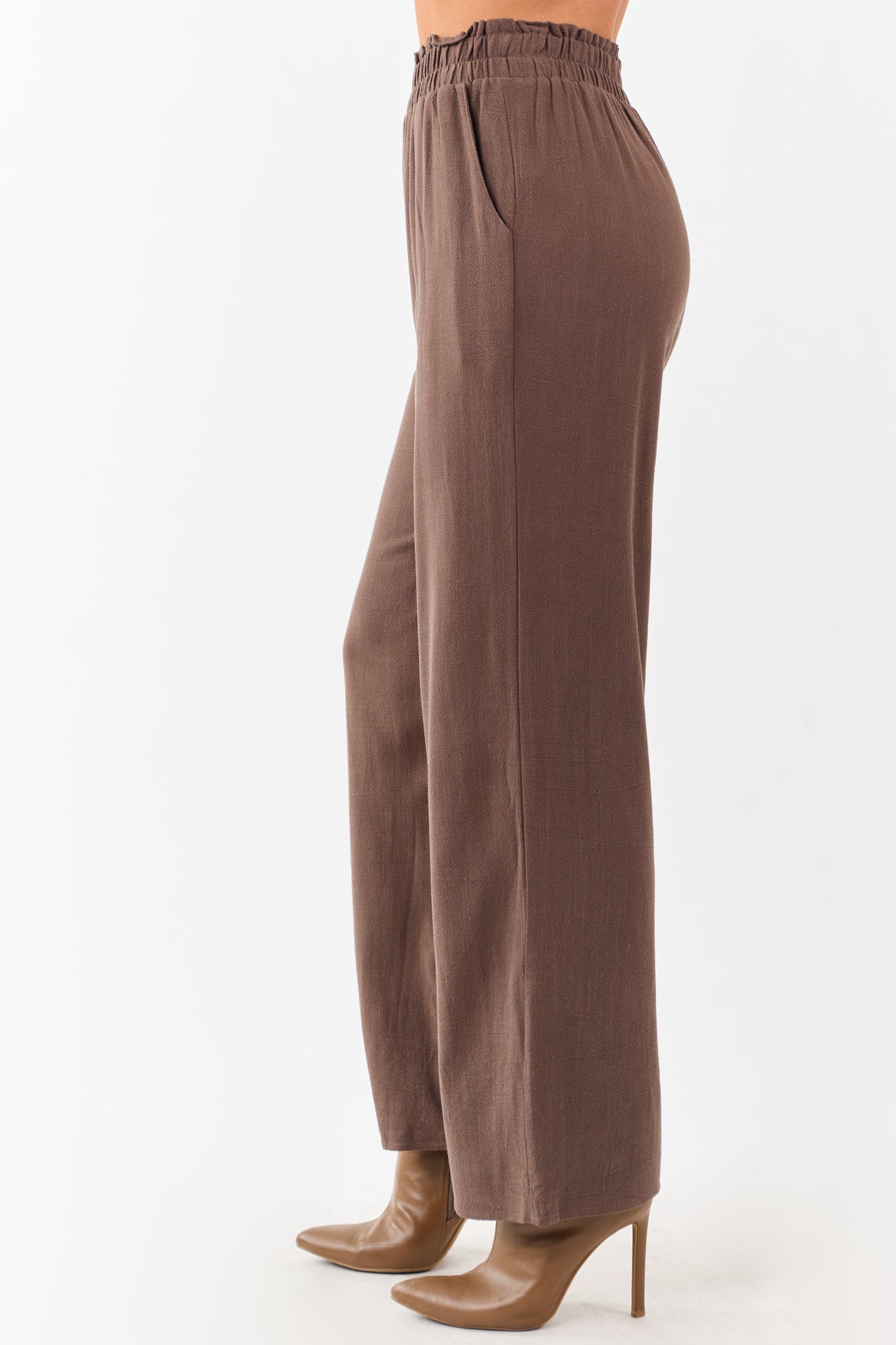 Coffee Smocked Waistband Wide Leg Linen Blend Pants