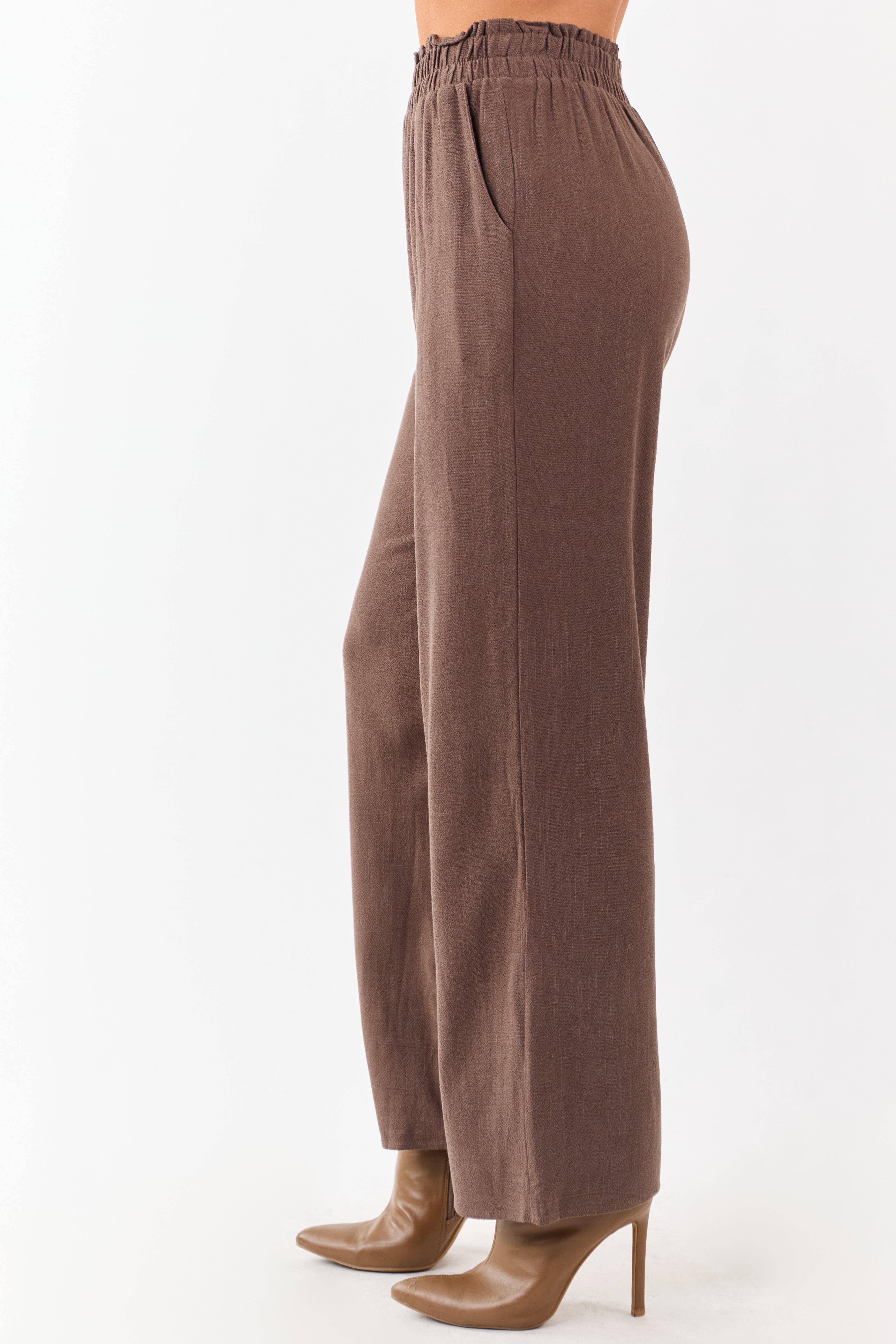 Coffee Smocked Waistband Wide Leg Linen Blend Pants
