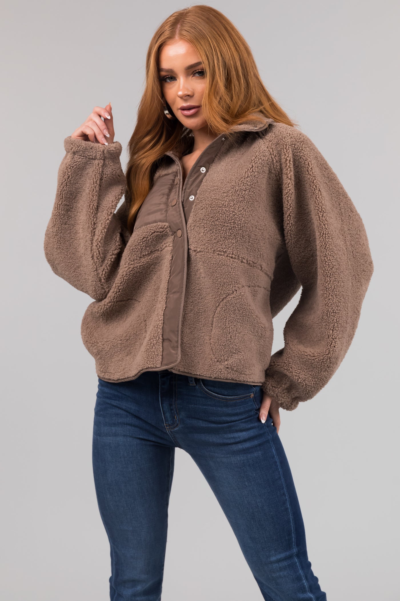 Coffee Snap Button Down Sherpa Jacket