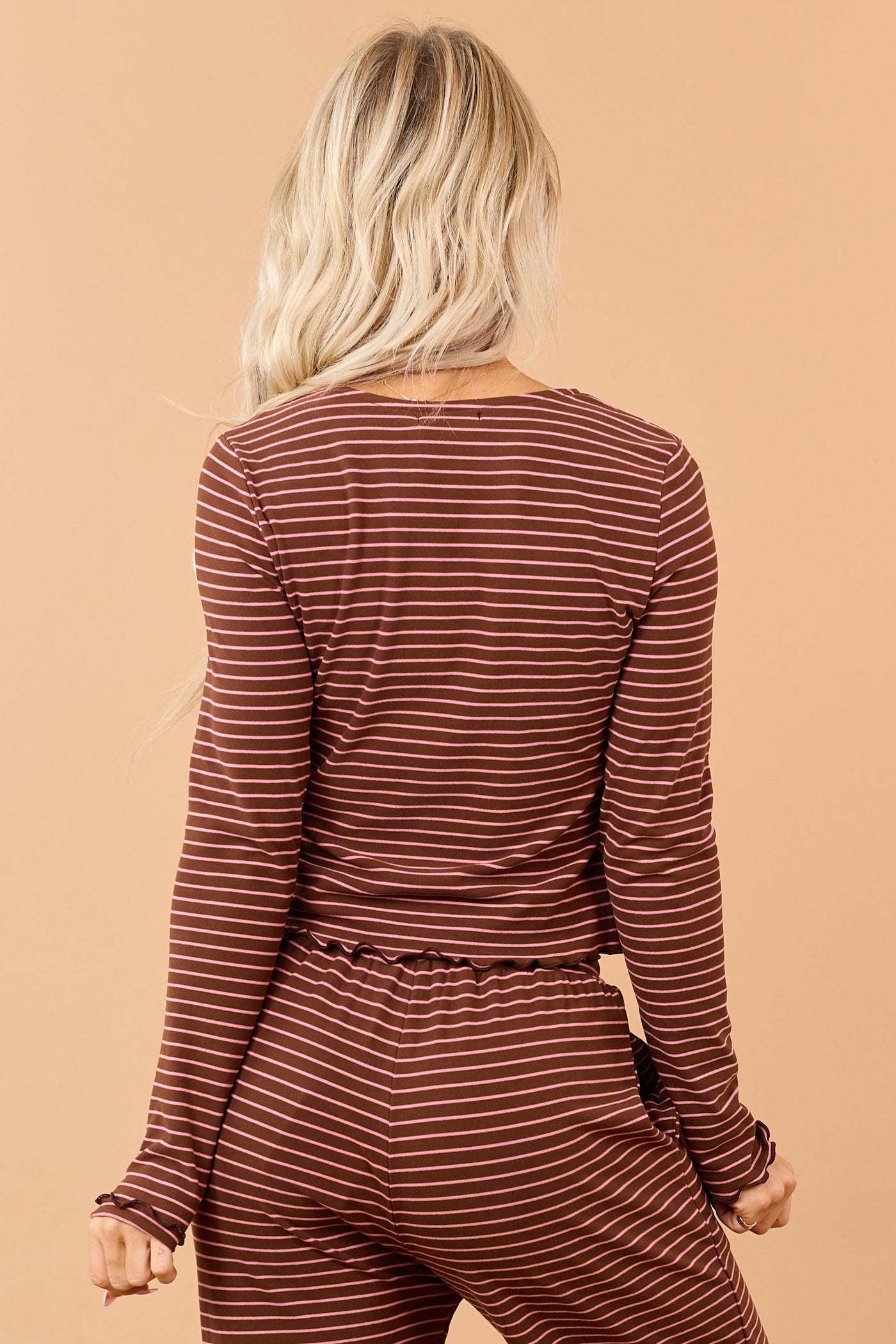 Coffee Striped Knit Button Down Long Sleeve Top