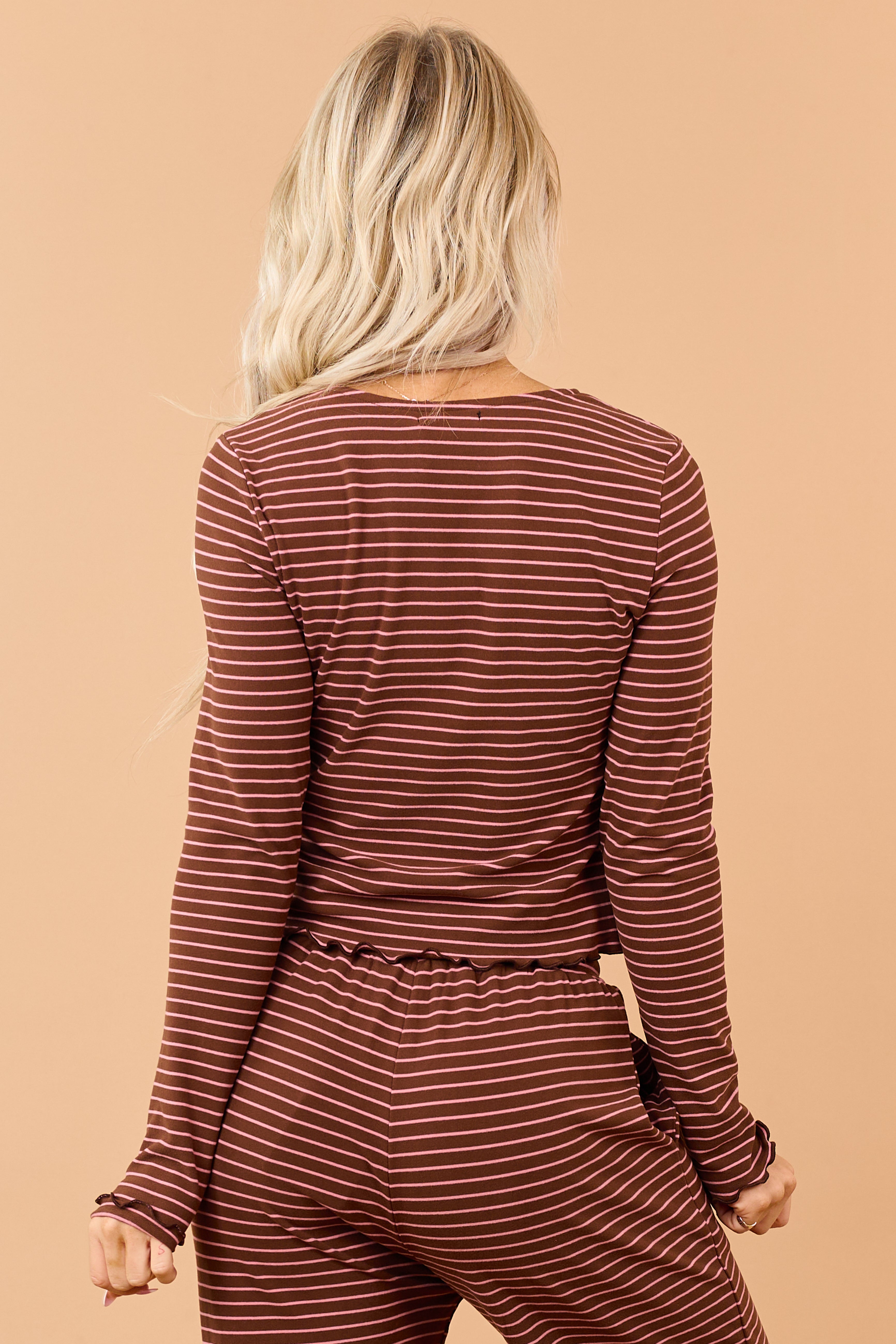 Coffee Striped Knit Button Down Long Sleeve Top