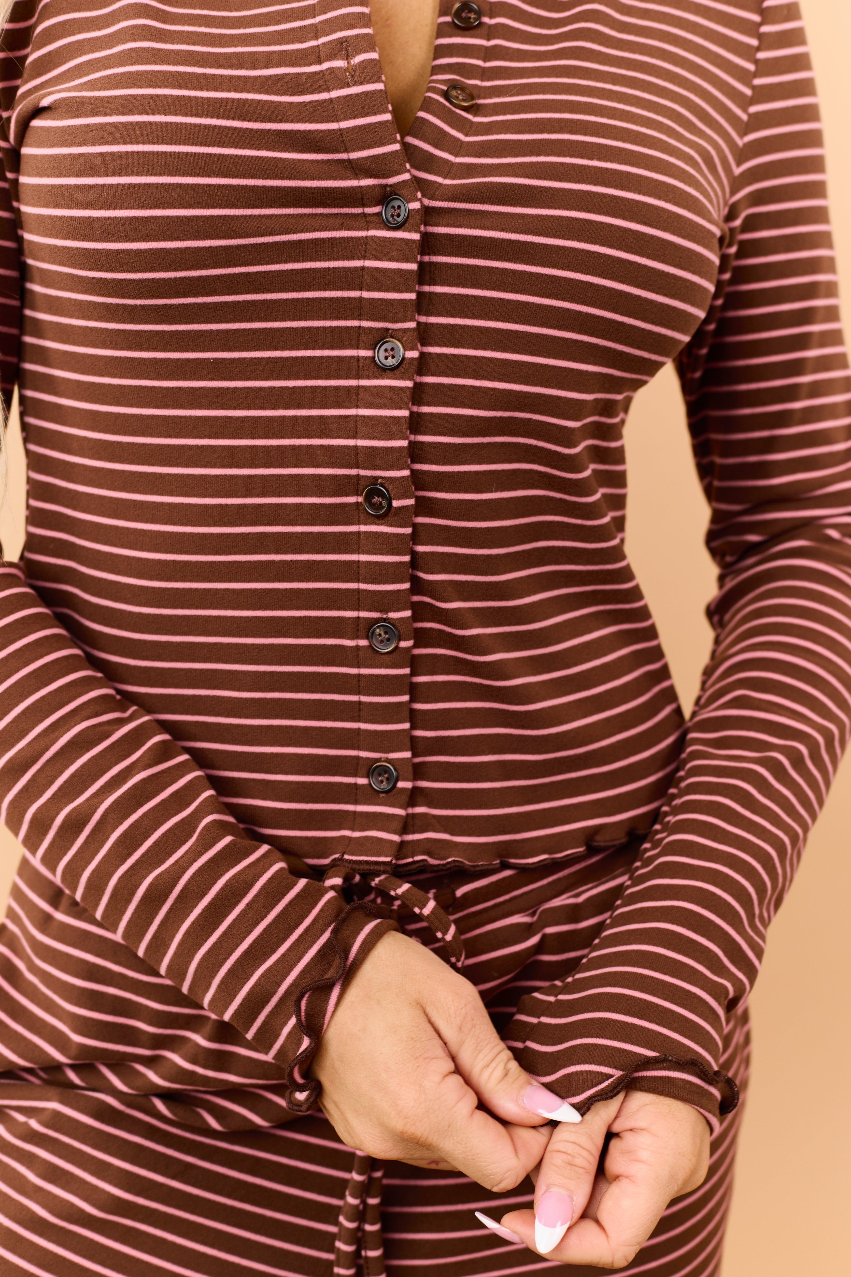 Coffee Striped Knit Button Down Long Sleeve Top