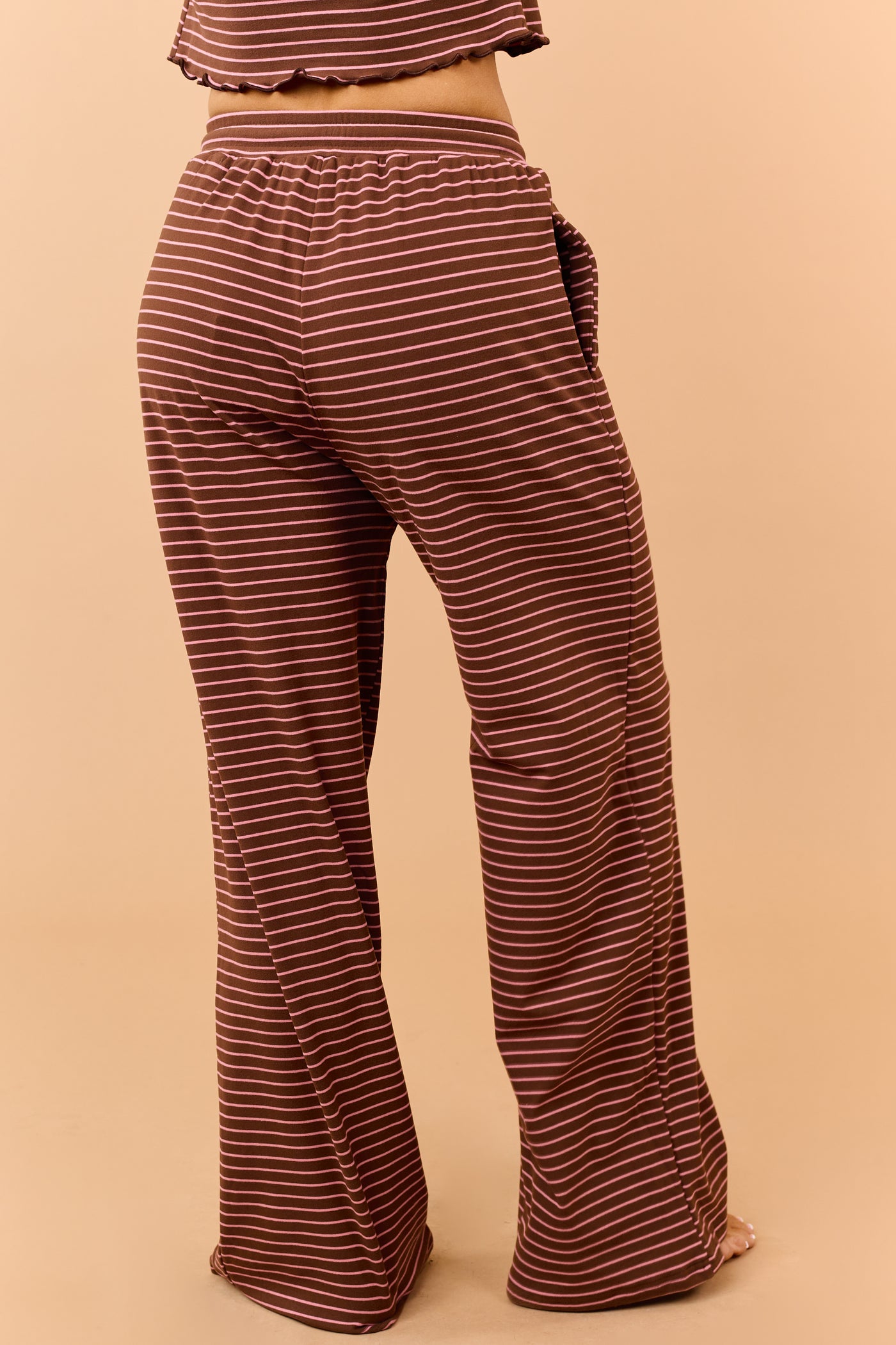 Coffee Striped Knit Drawstring Wide Leg Pants