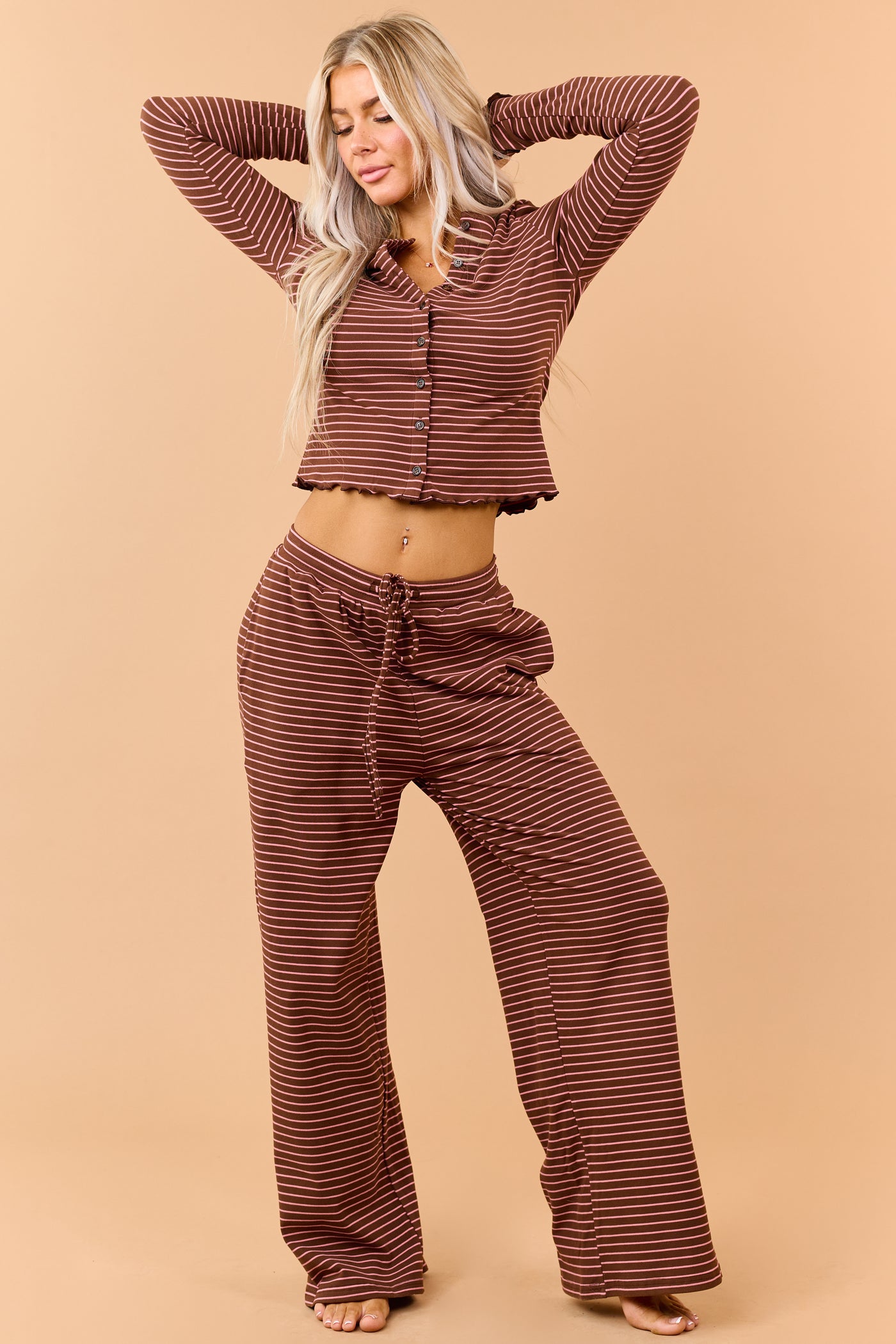Coffee Striped Knit Drawstring Wide Leg Pants