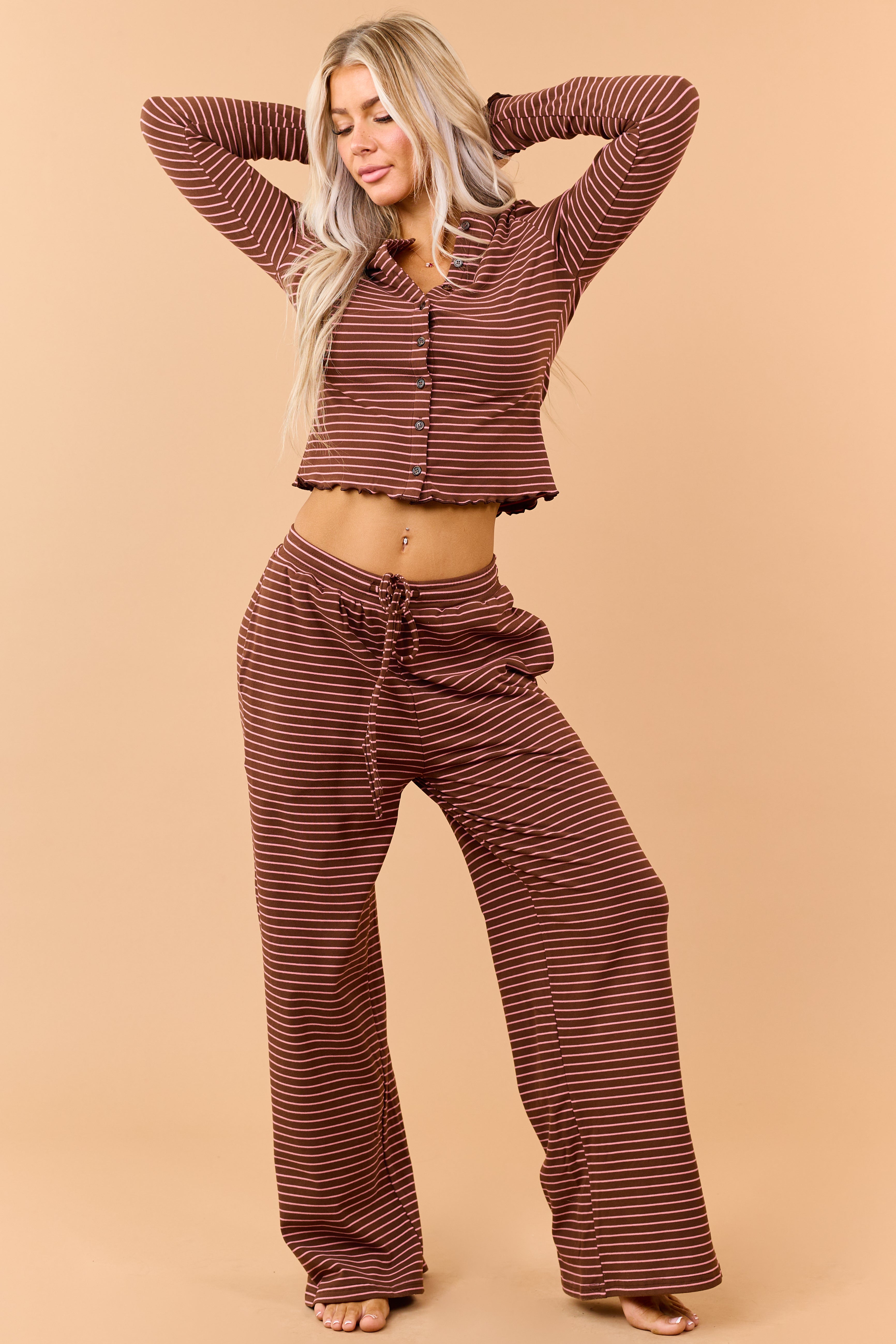 Coffee Striped Knit Drawstring Wide Leg Pants