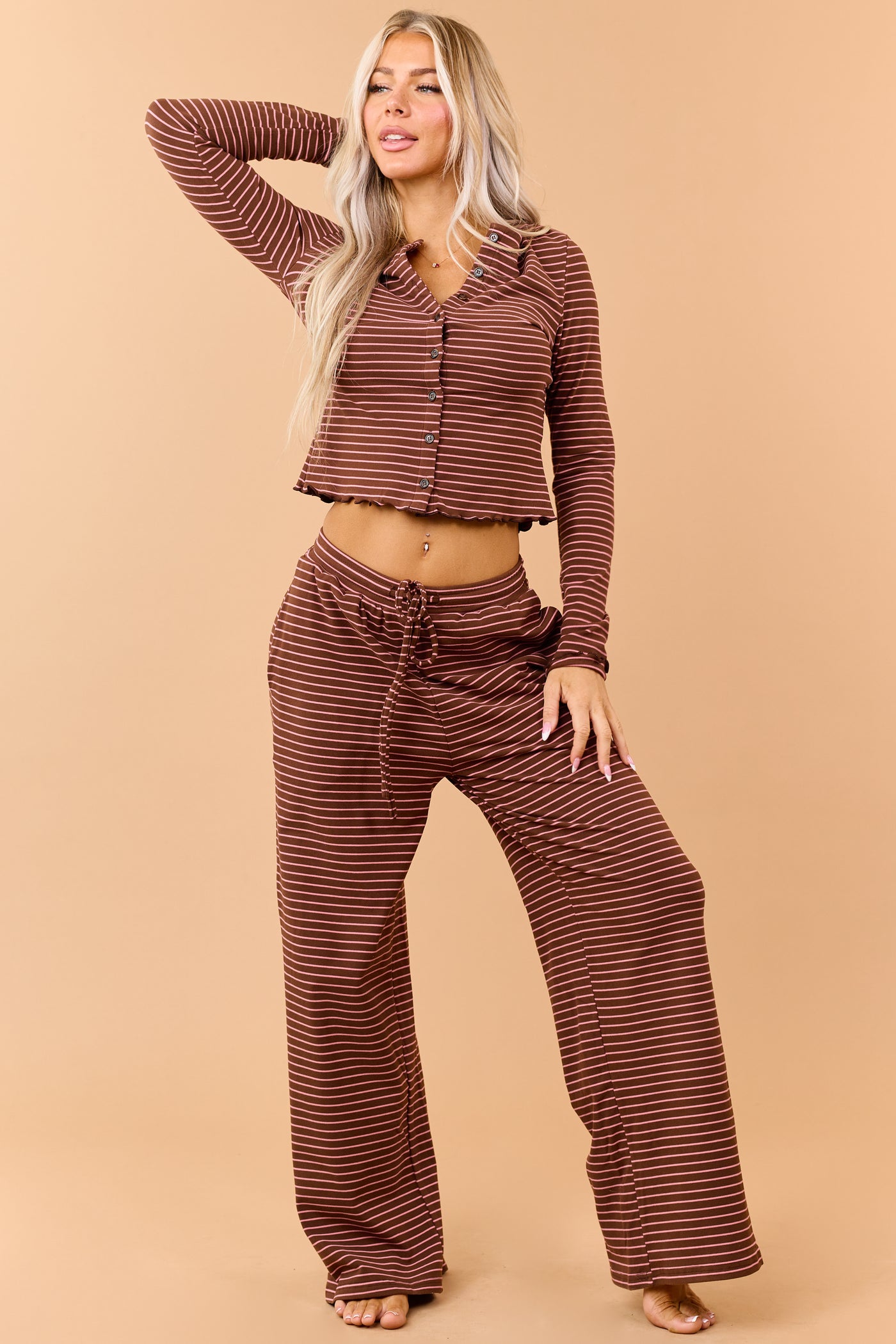 Coffee Striped Knit Drawstring Wide Leg Pants