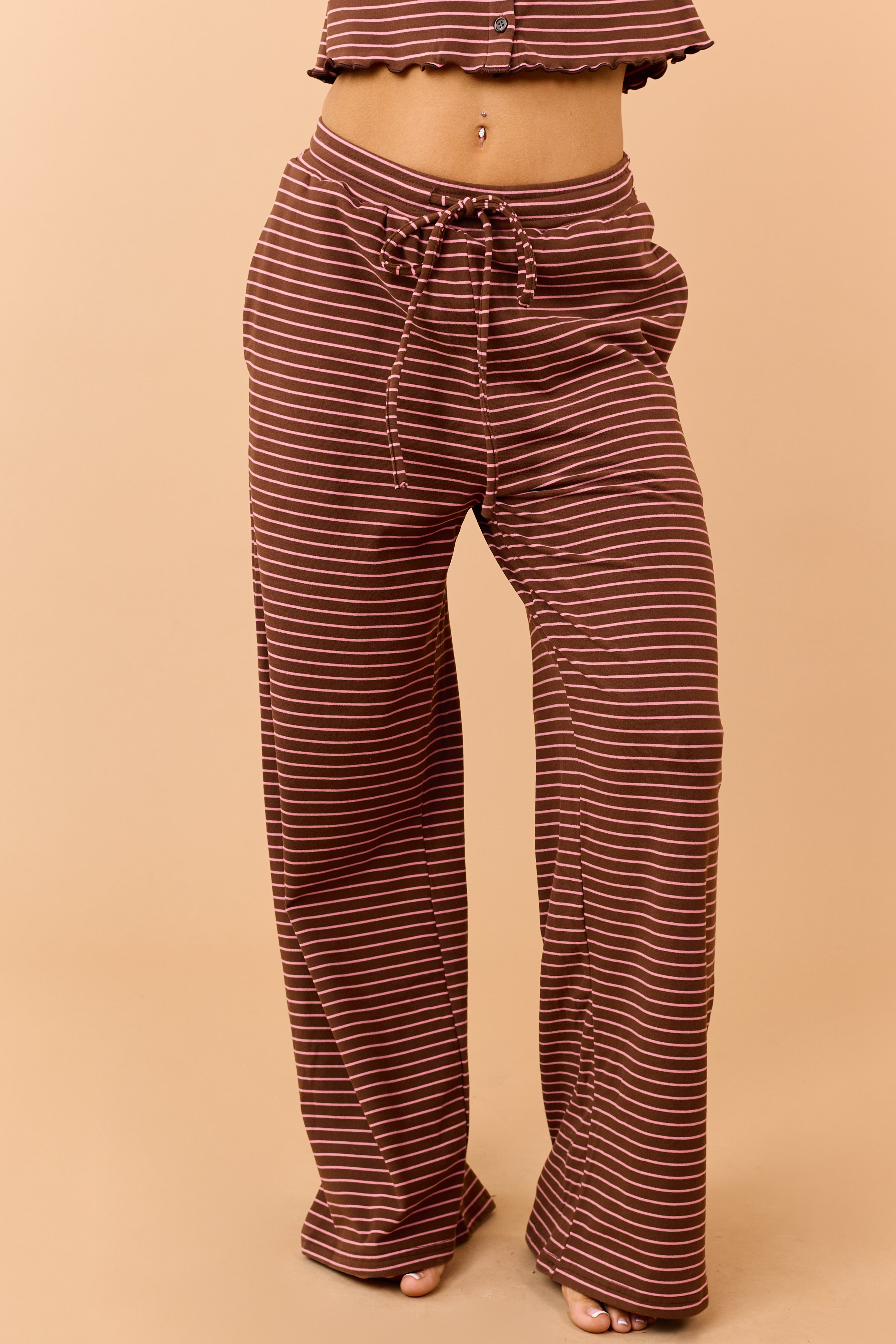 Coffee Striped Knit Drawstring Wide Leg Pants
