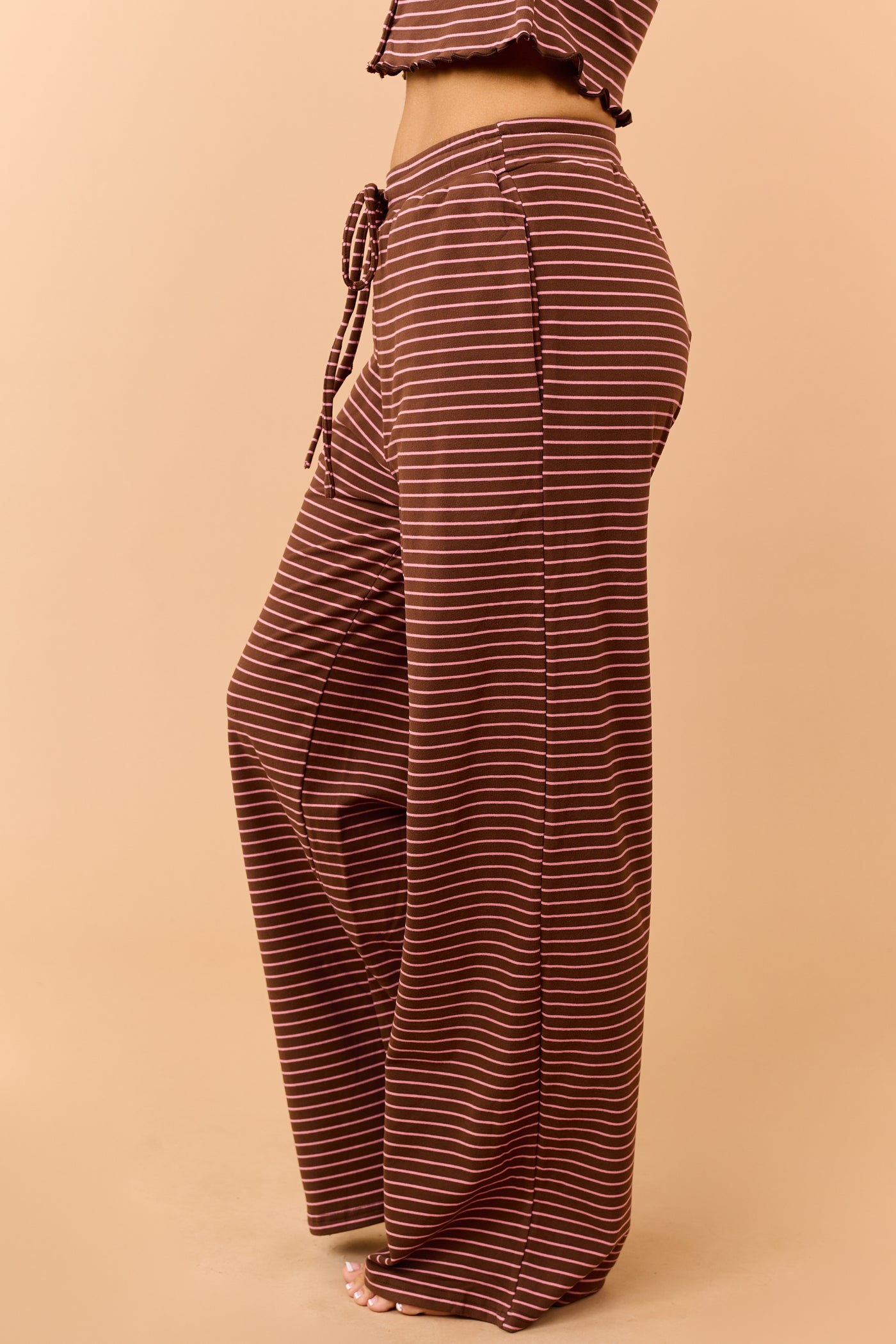 Coffee Striped Knit Drawstring Wide Leg Pants