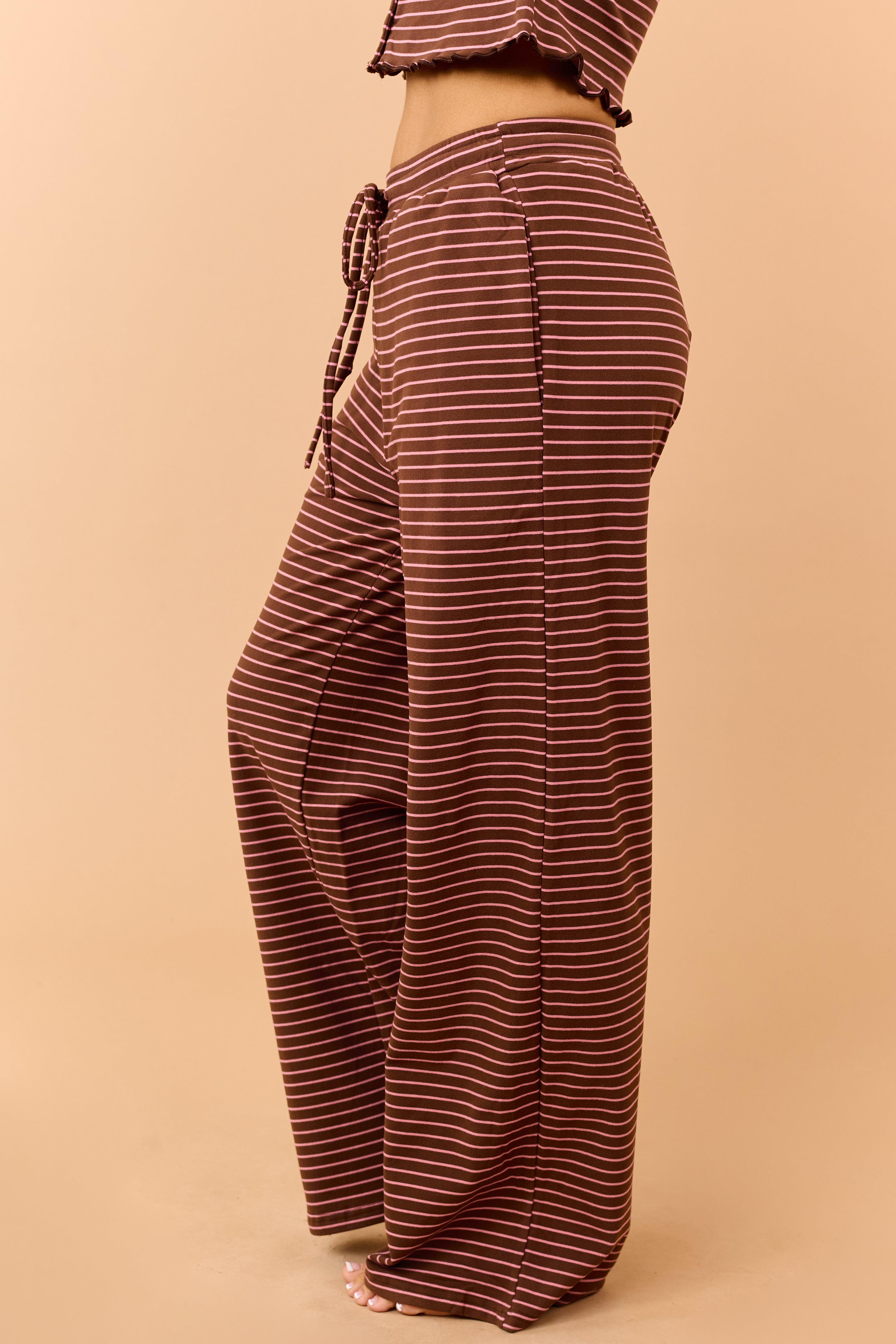 Coffee Striped Knit Drawstring Wide Leg Pants