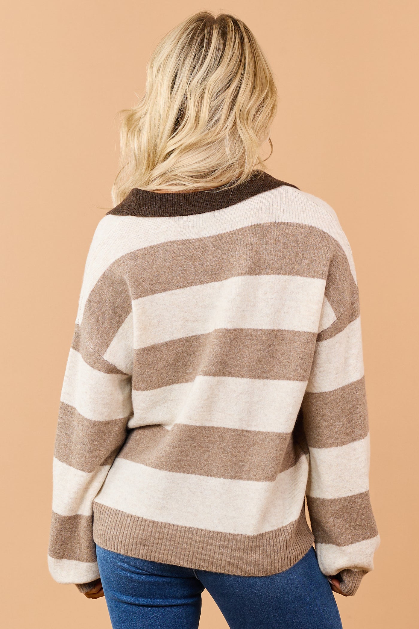 Coffee Striped Quarter Button Down Sweater