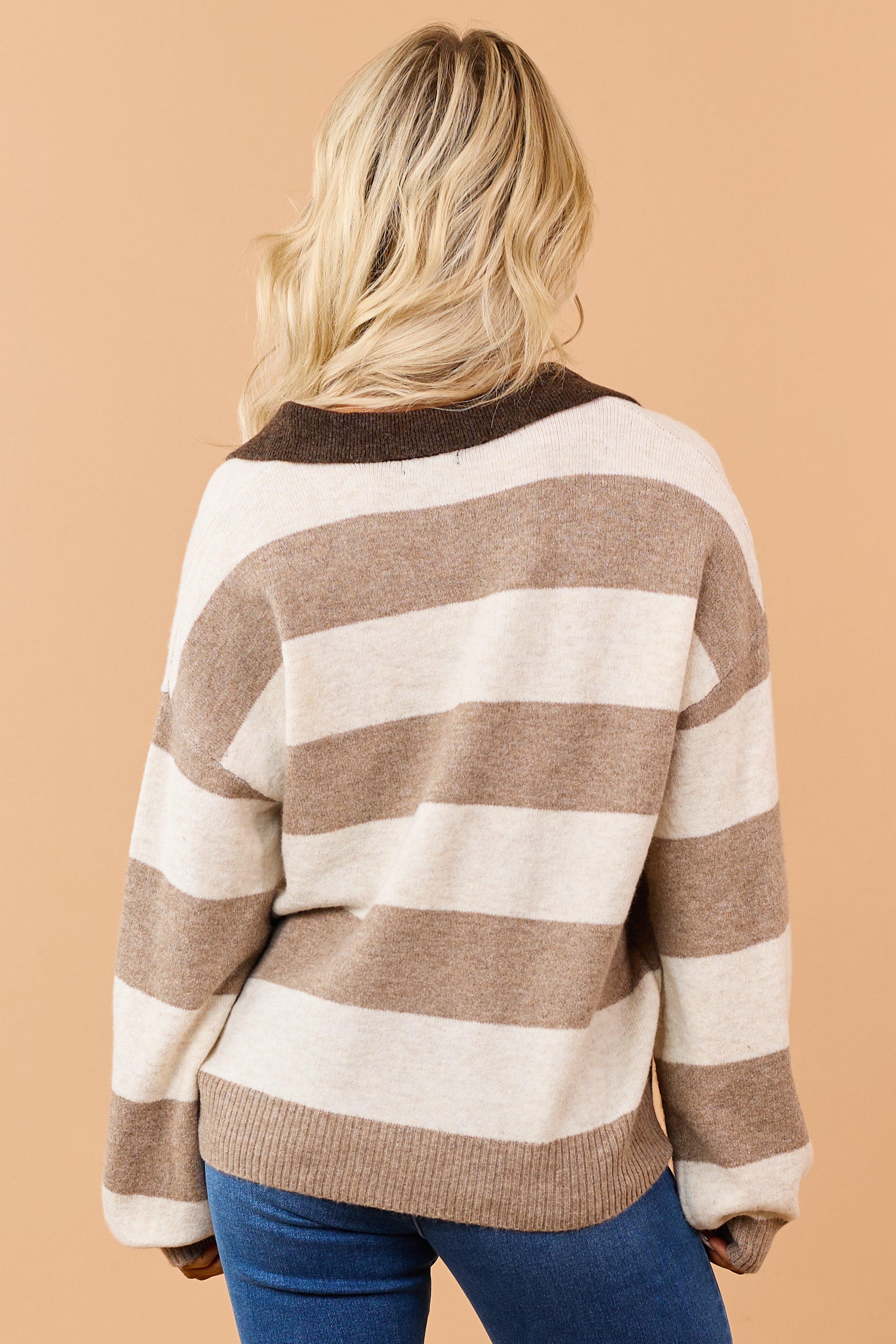 Coffee Striped Quarter Button Down Sweater