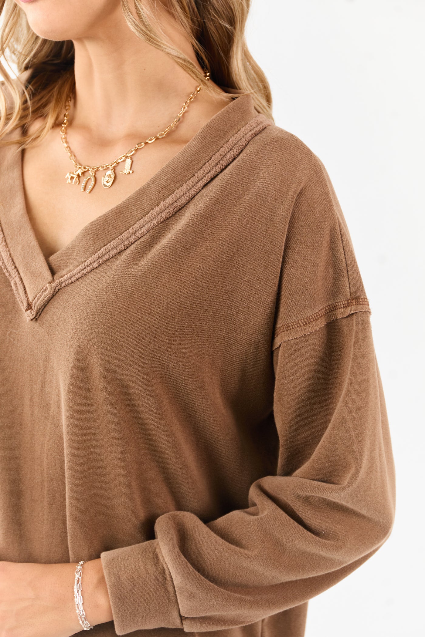 Coffee V-Neck Reverse Stitch Relaxed Sweatshirt