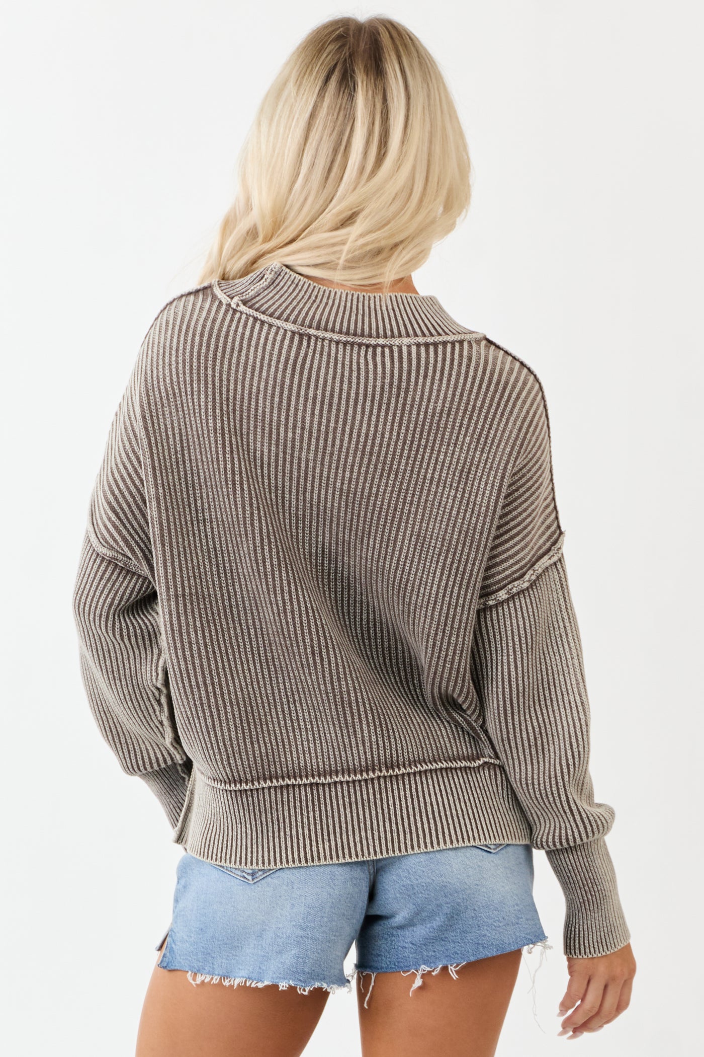 Coffee Washed Cotton Thick Rib Knit Sweater