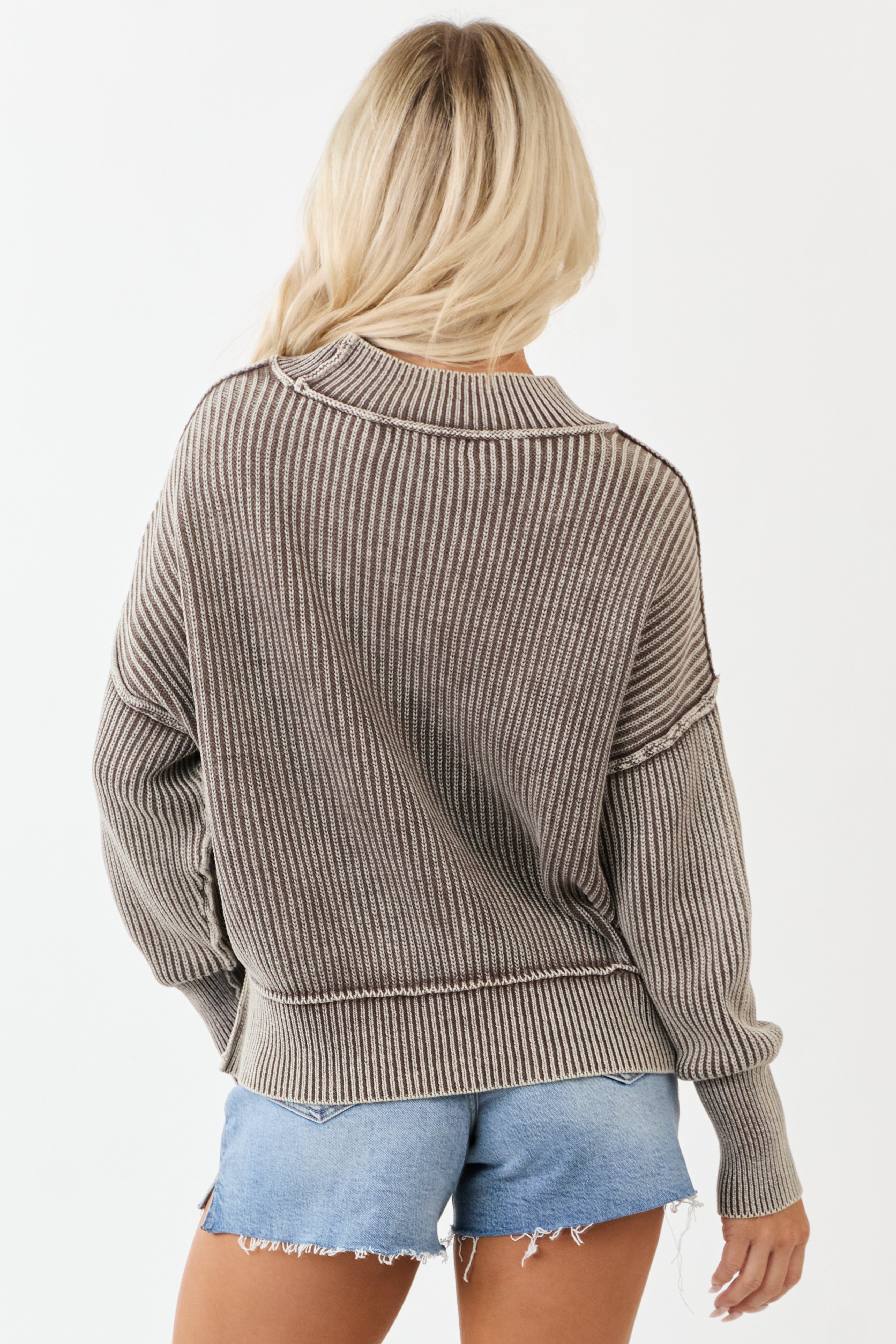 Coffee Washed Cotton Thick Rib Knit Sweater