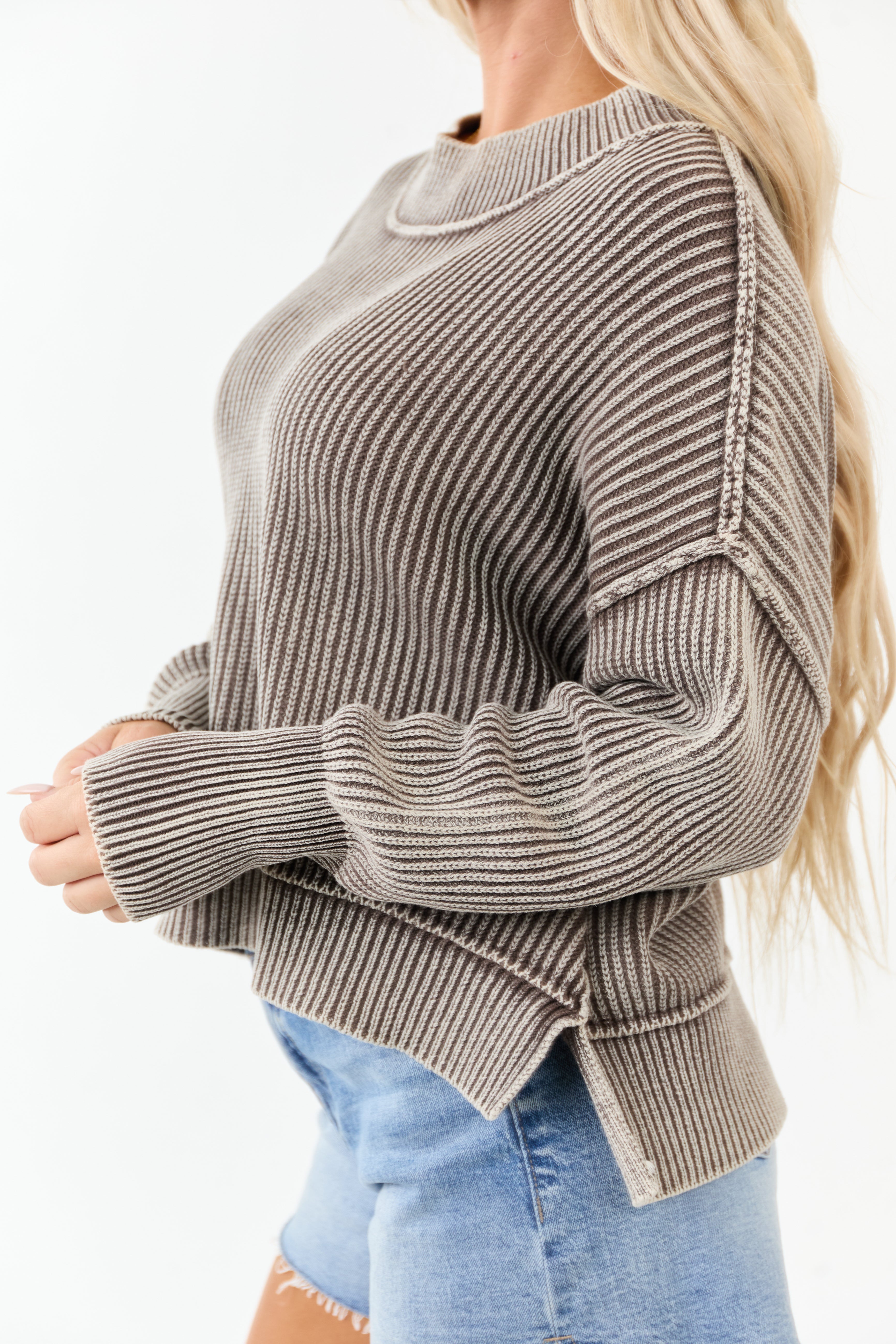Coffee Washed Cotton Thick Rib Knit Sweater