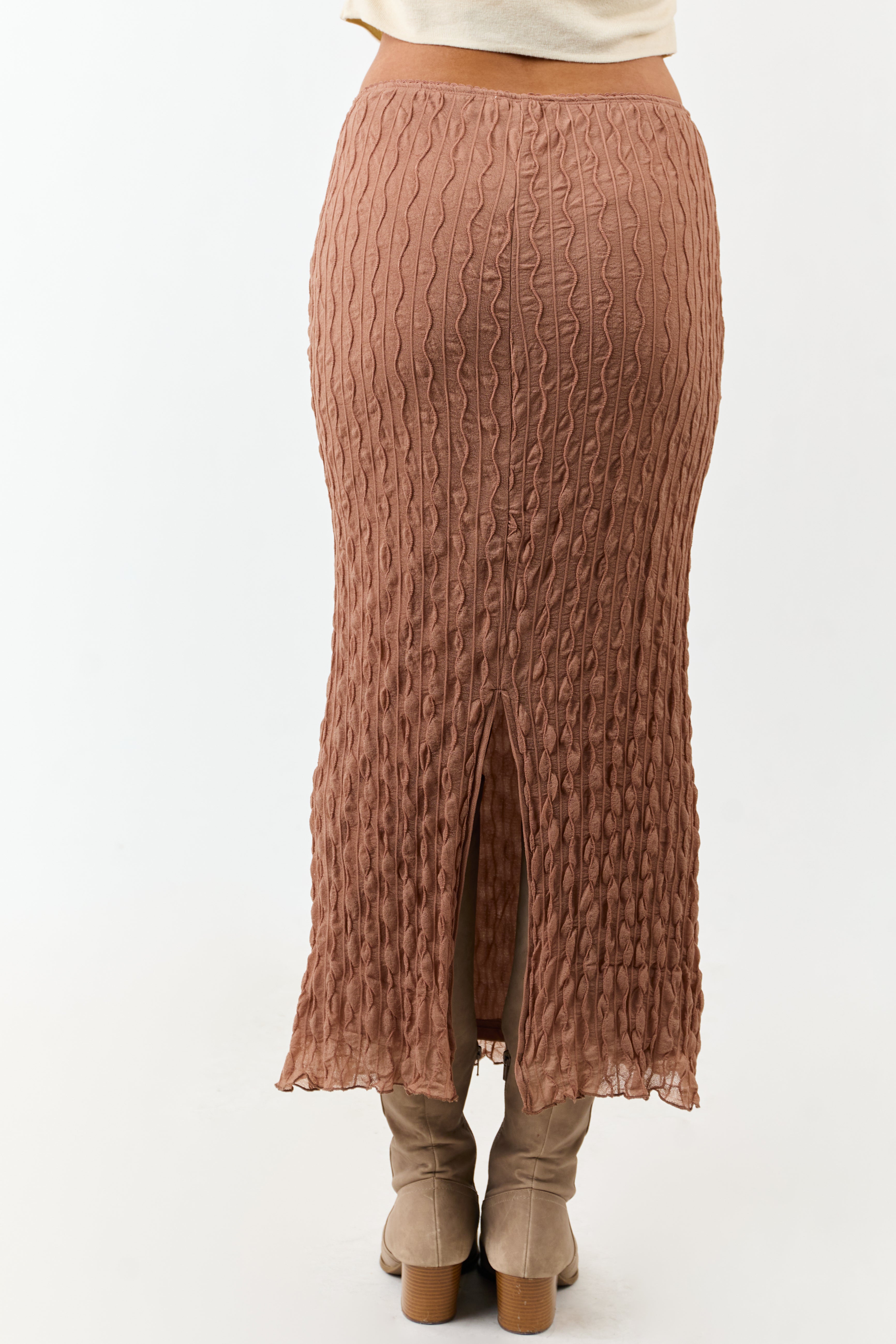 Coffee Wavy Textured Mesh Back Slit Maxi Skirt