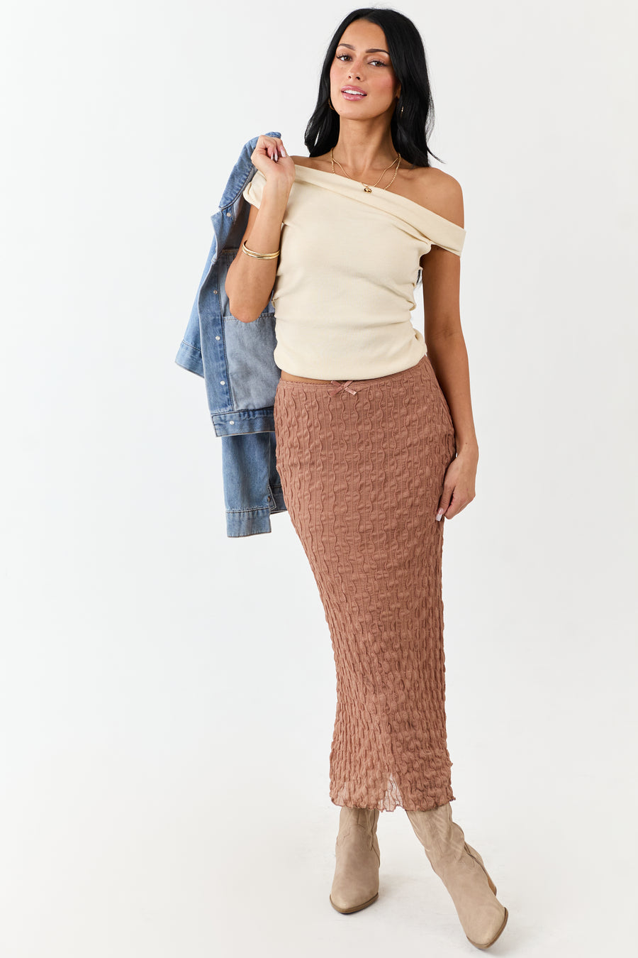 Coffee Wavy Textured Mesh Back Slit Maxi Skirt