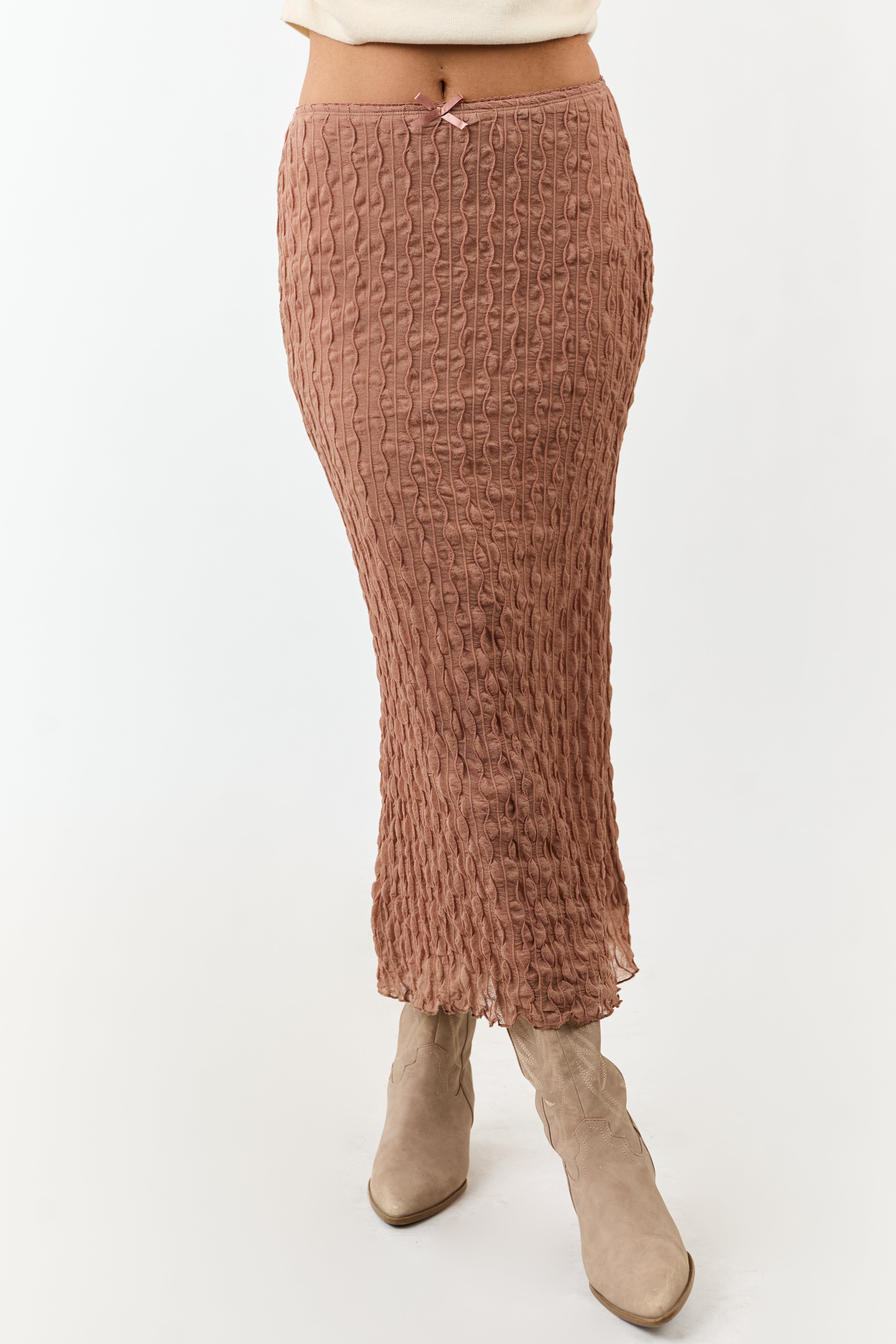 Coffee Wavy Textured Mesh Back Slit Maxi Skirt