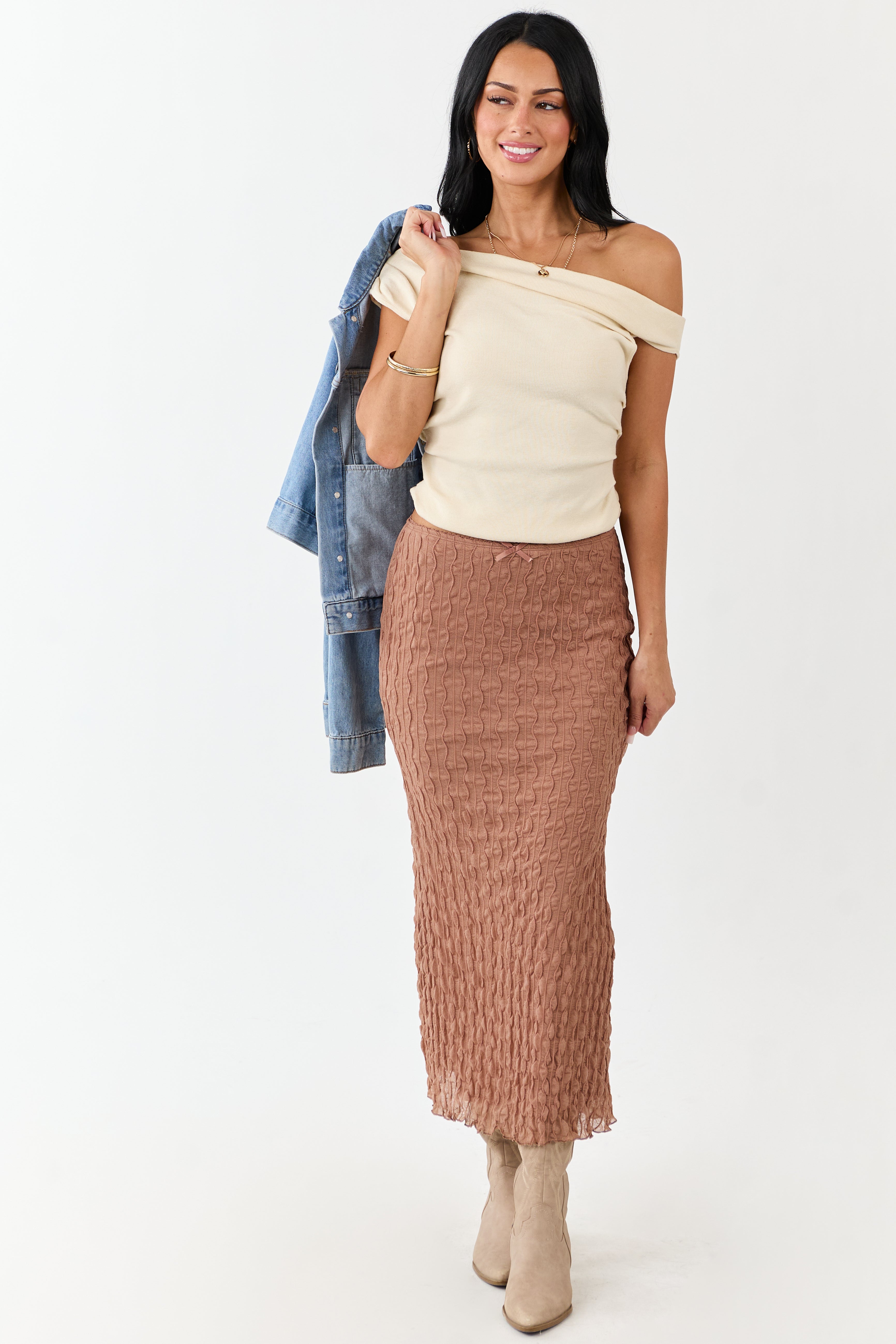 Coffee Wavy Textured Mesh Back Slit Maxi Skirt