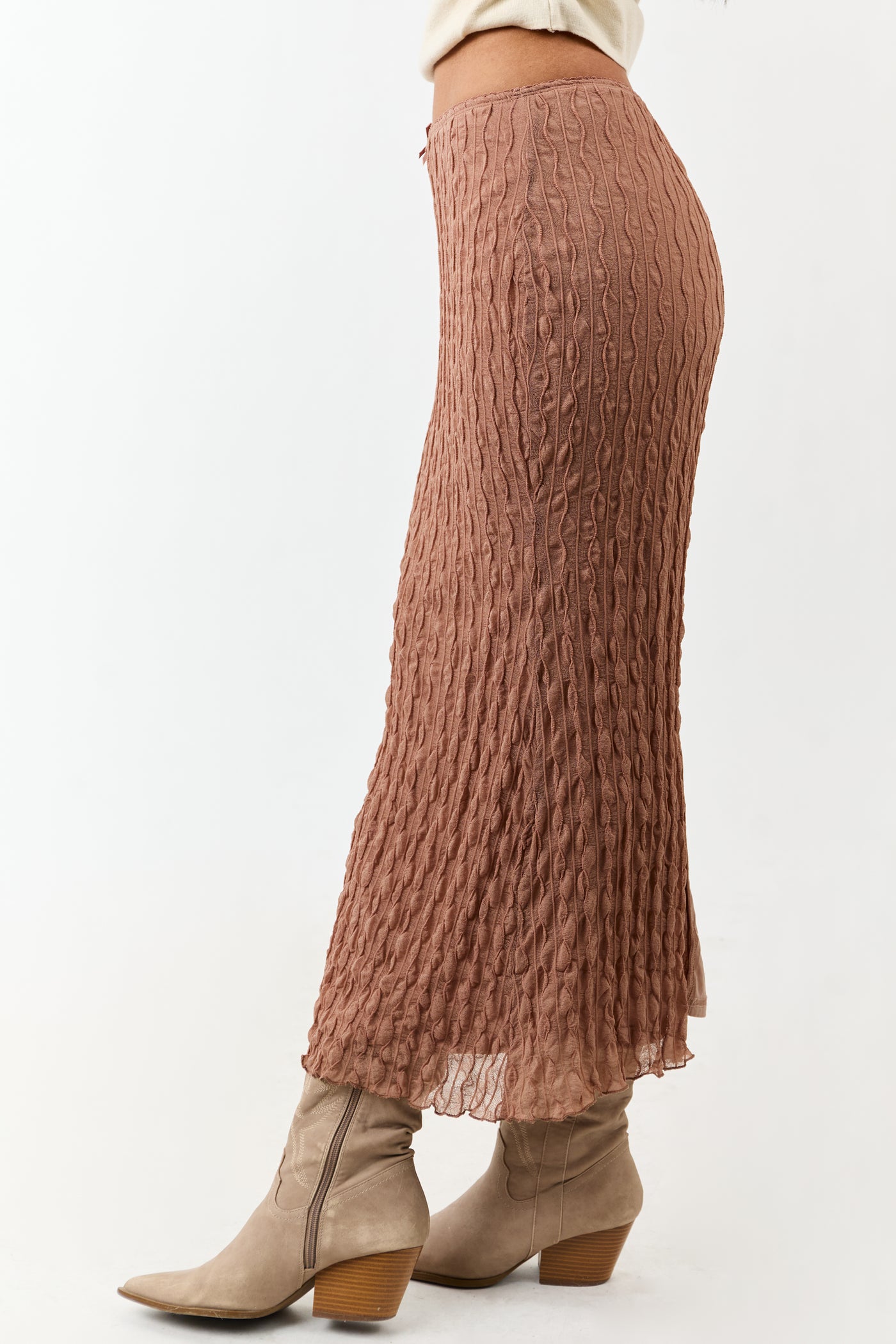 Coffee Wavy Textured Mesh Back Slit Maxi Skirt