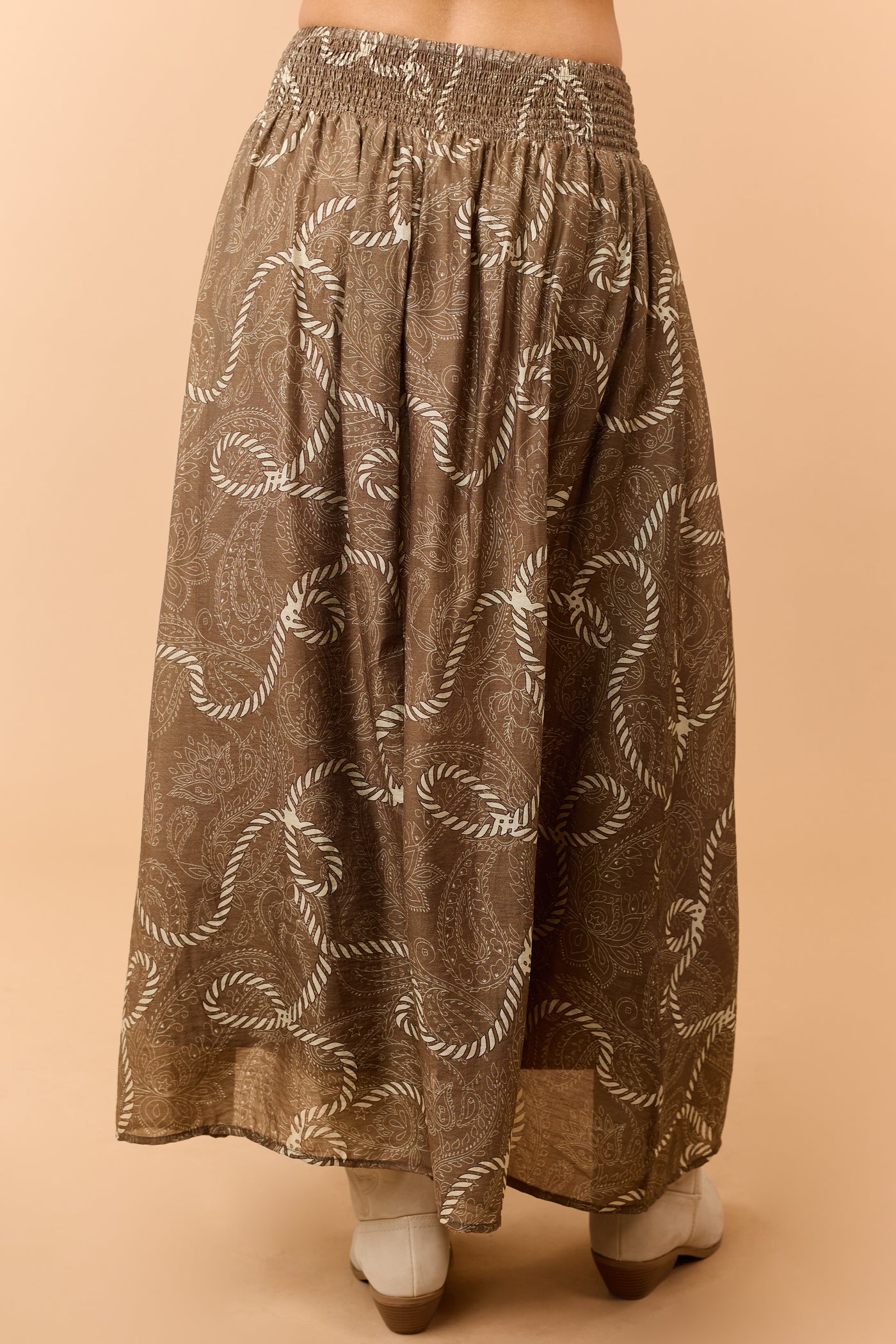 Coffee Western Print Smocked Waist Maxi Skirt