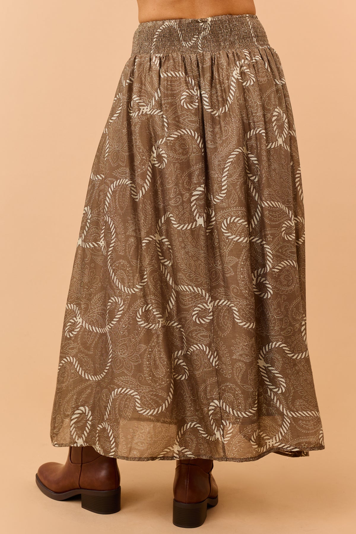 Coffee Western Print Smocked Waist Maxi Skirt