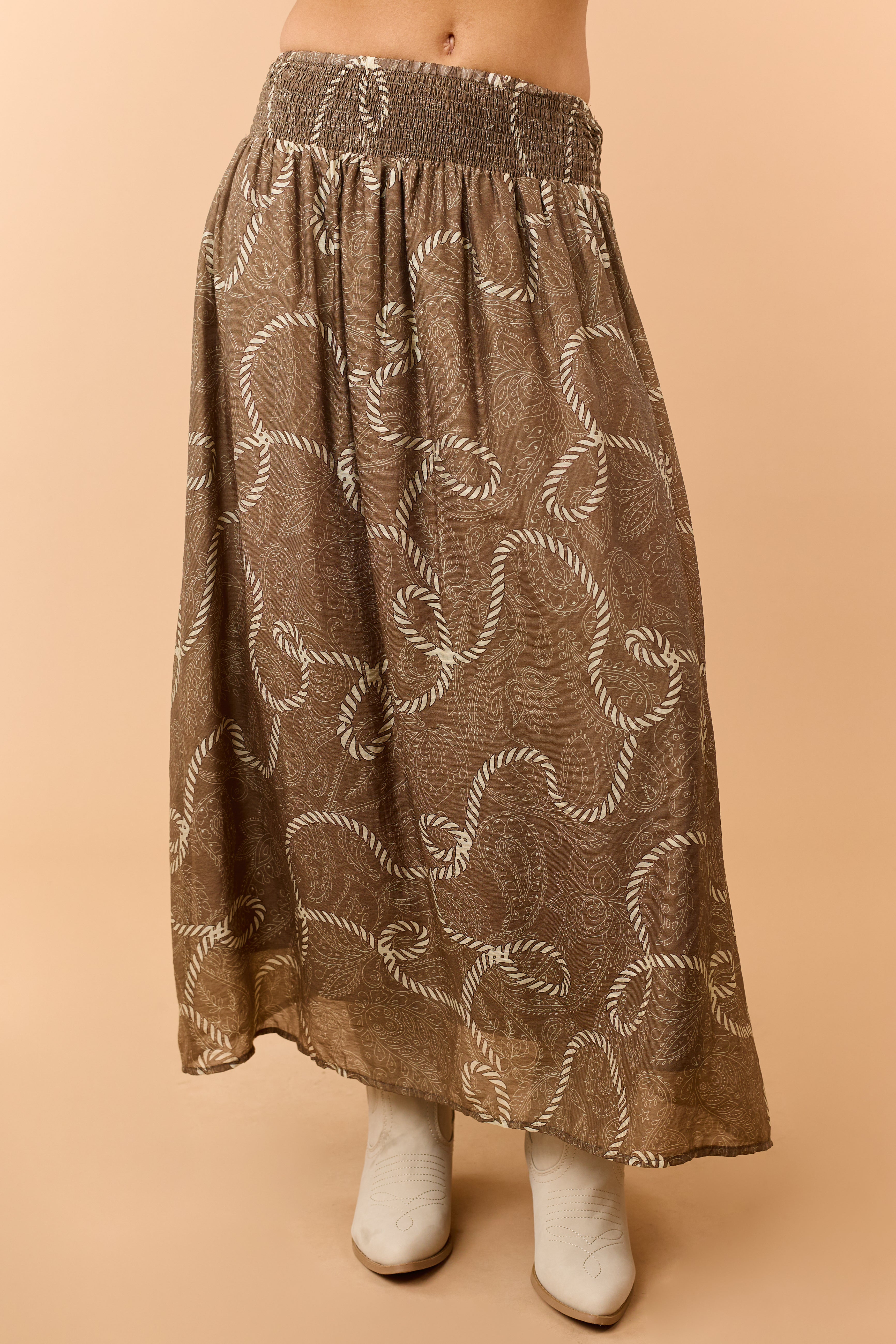 Coffee Western Print Smocked Waist Maxi Skirt