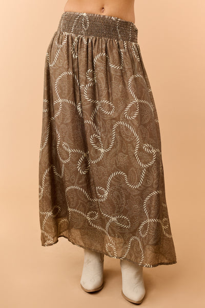 Coffee Western Print Smocked Waist Maxi Skirt