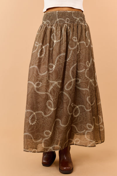 Coffee Western Print Smocked Waist Maxi Skirt