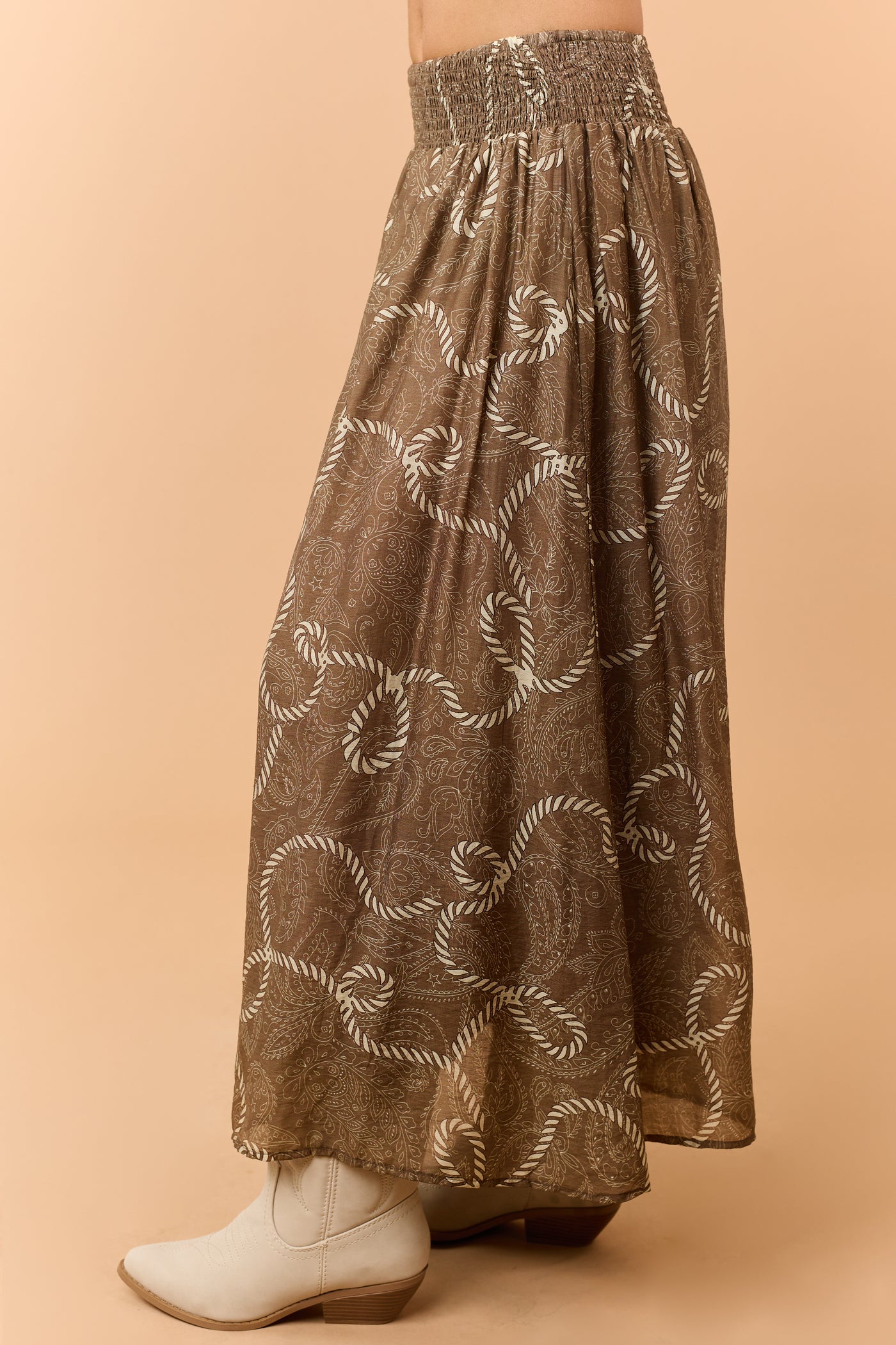 Coffee Western Print Smocked Waist Maxi Skirt
