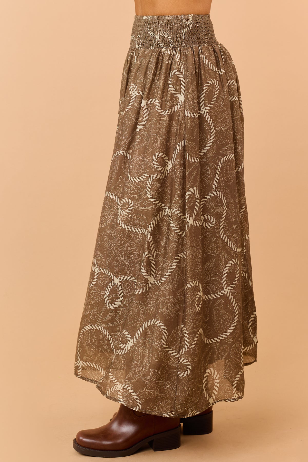 Coffee Western Print Smocked Waist Maxi Skirt