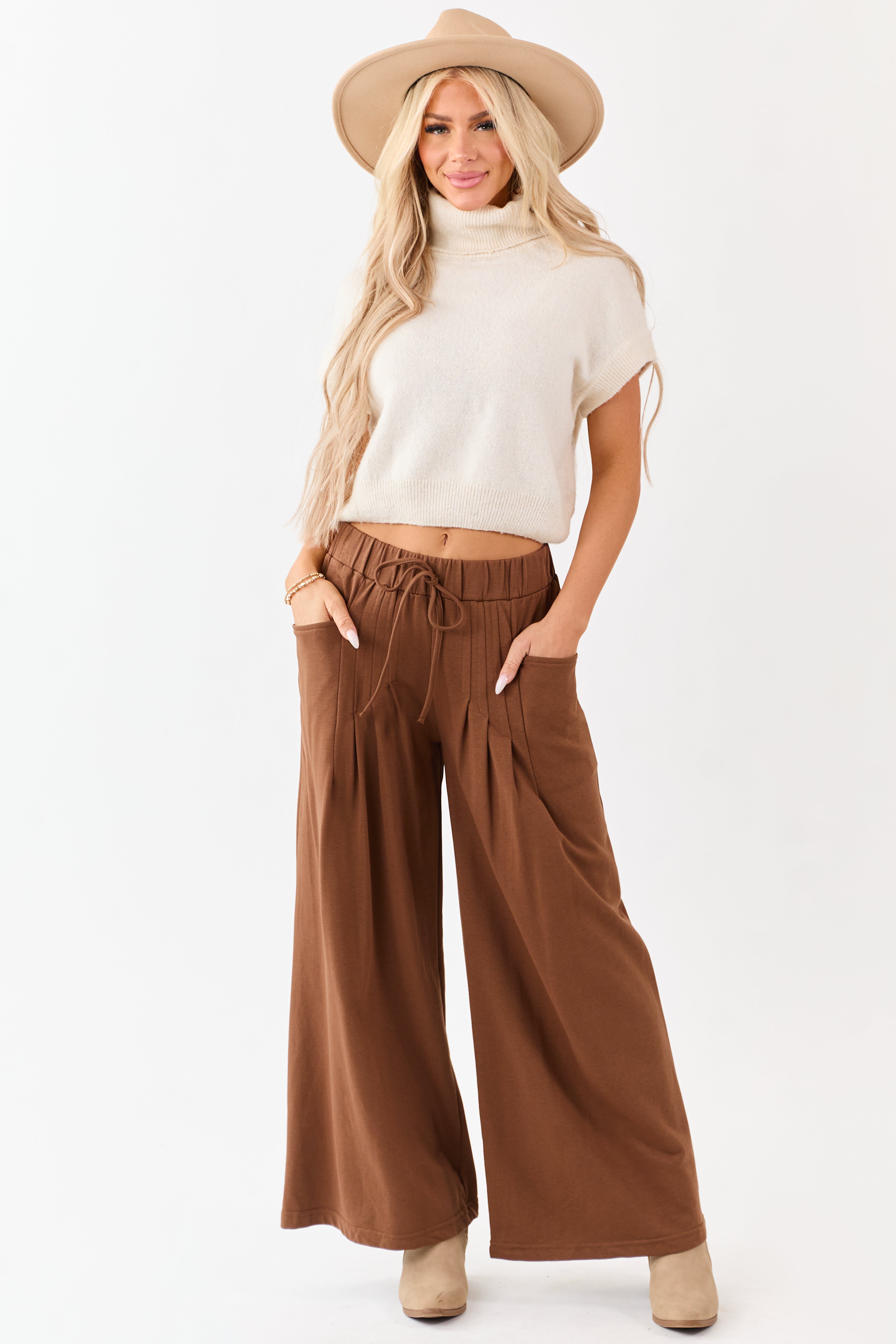 Coffee Wide Leg Pleated Waist Knit Sweatpants