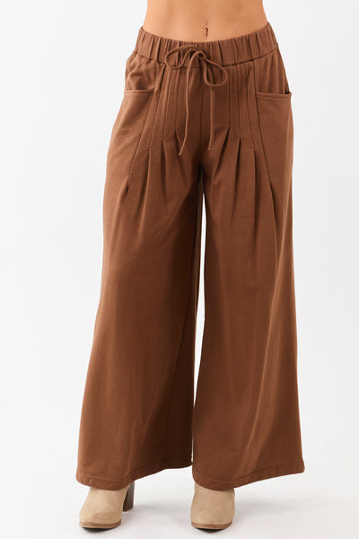 Coffee Wide Leg Pleated Waist Knit Sweatpants