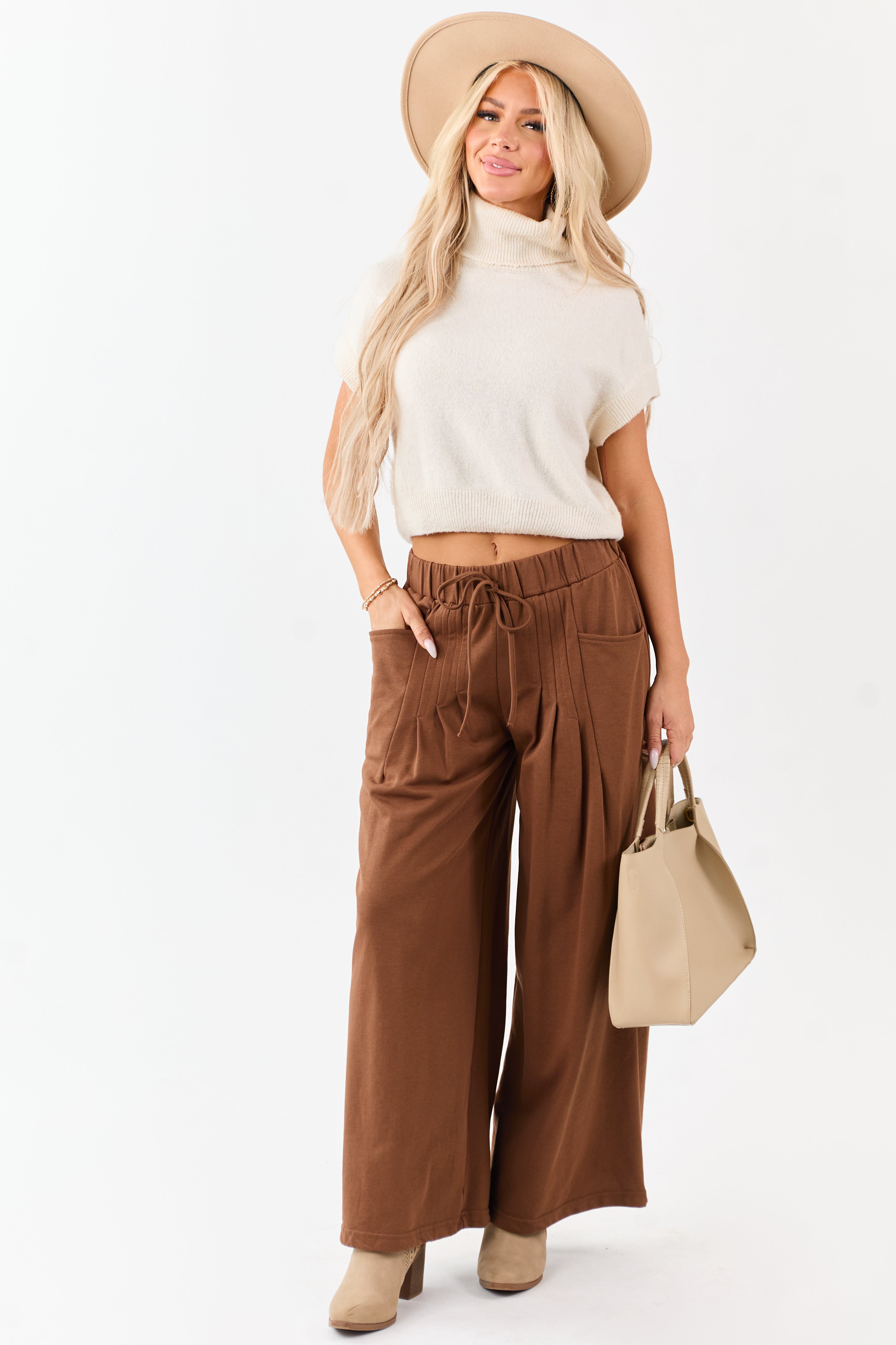 Coffee Wide Leg Pleated Waist Knit Sweatpants