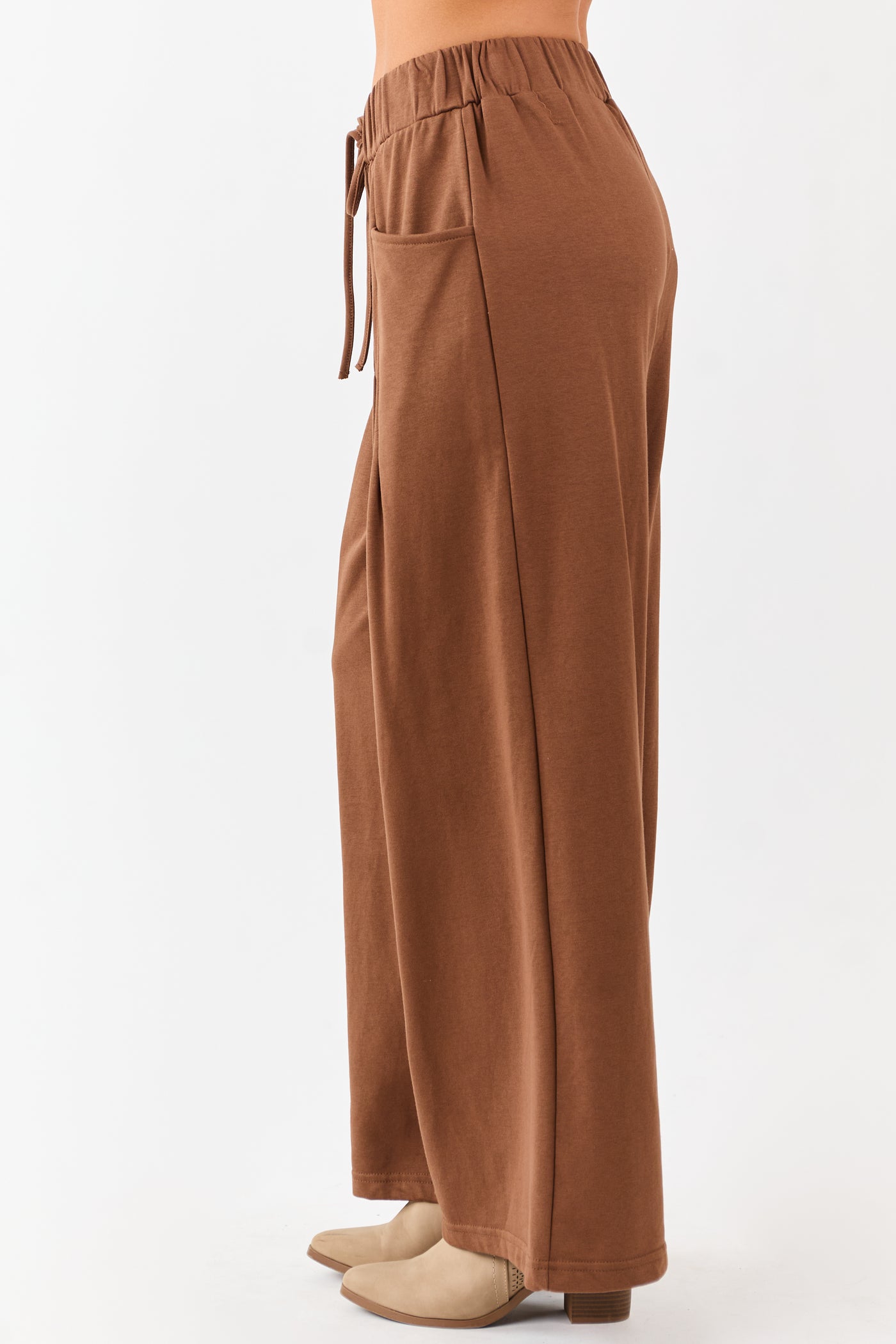 Coffee Wide Leg Pleated Waist Knit Sweatpants