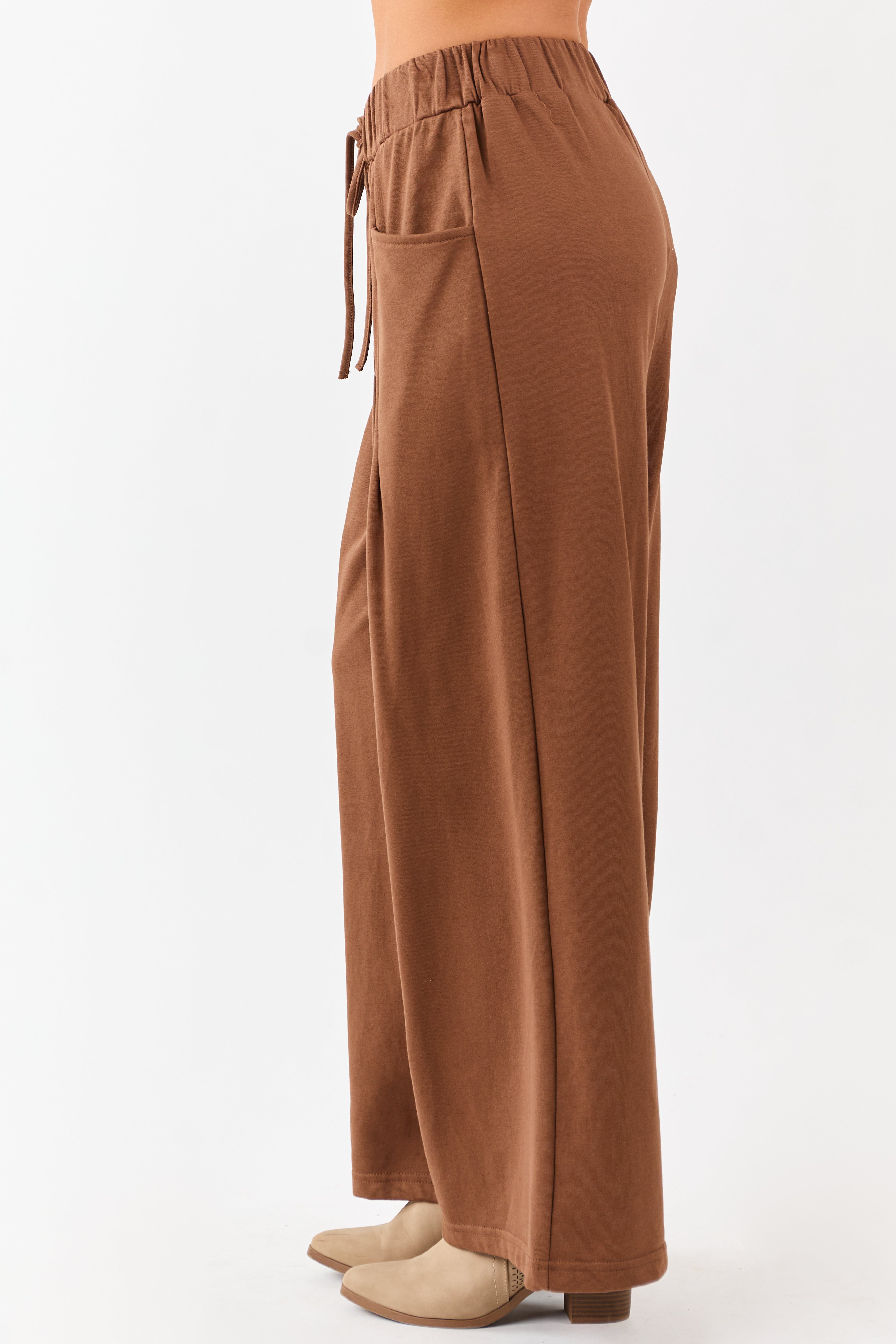 Coffee Wide Leg Pleated Waist Knit Sweatpants