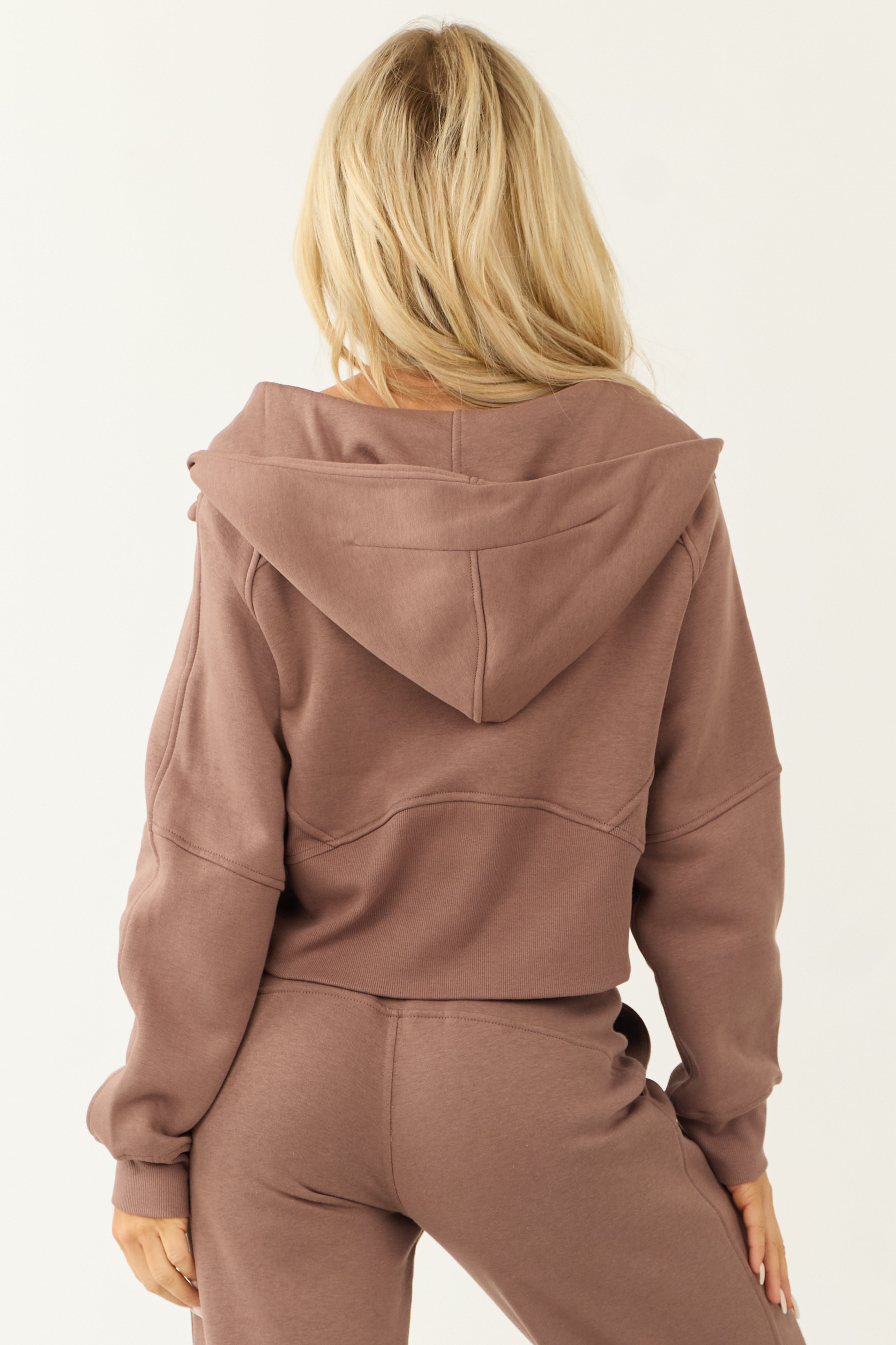 Coffee Zip Up Front Knit Hoodie with Thumbholes | Lime Lush Boutique