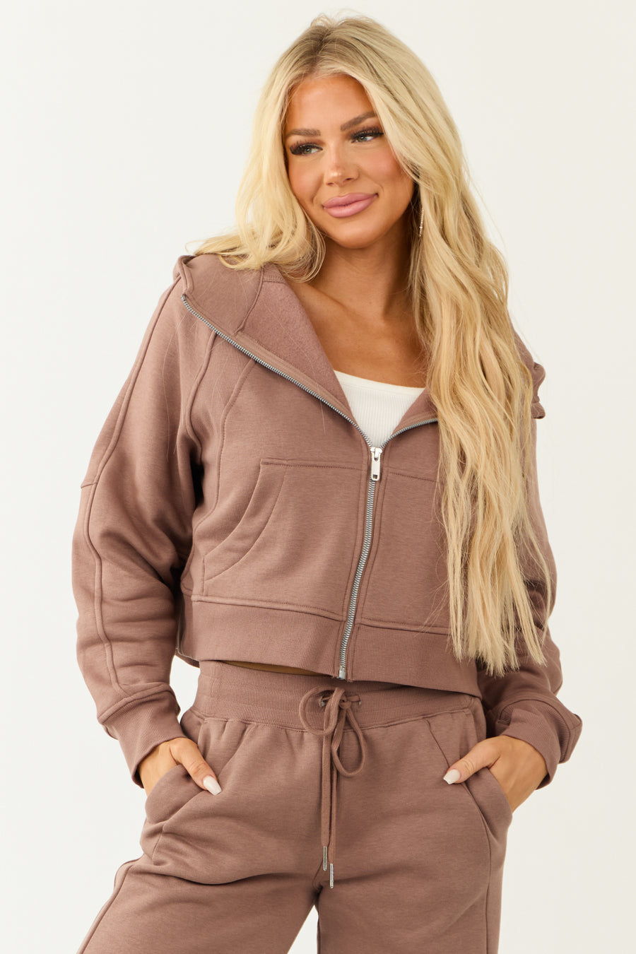 Coffee Zip Up Front Knit Hoodie with Thumbholes