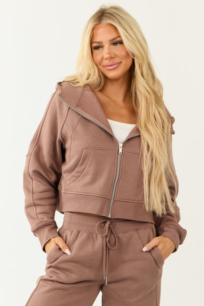 Coffee Zip Up Front Knit Hoodie with Thumbholes | Lime Lush Boutique