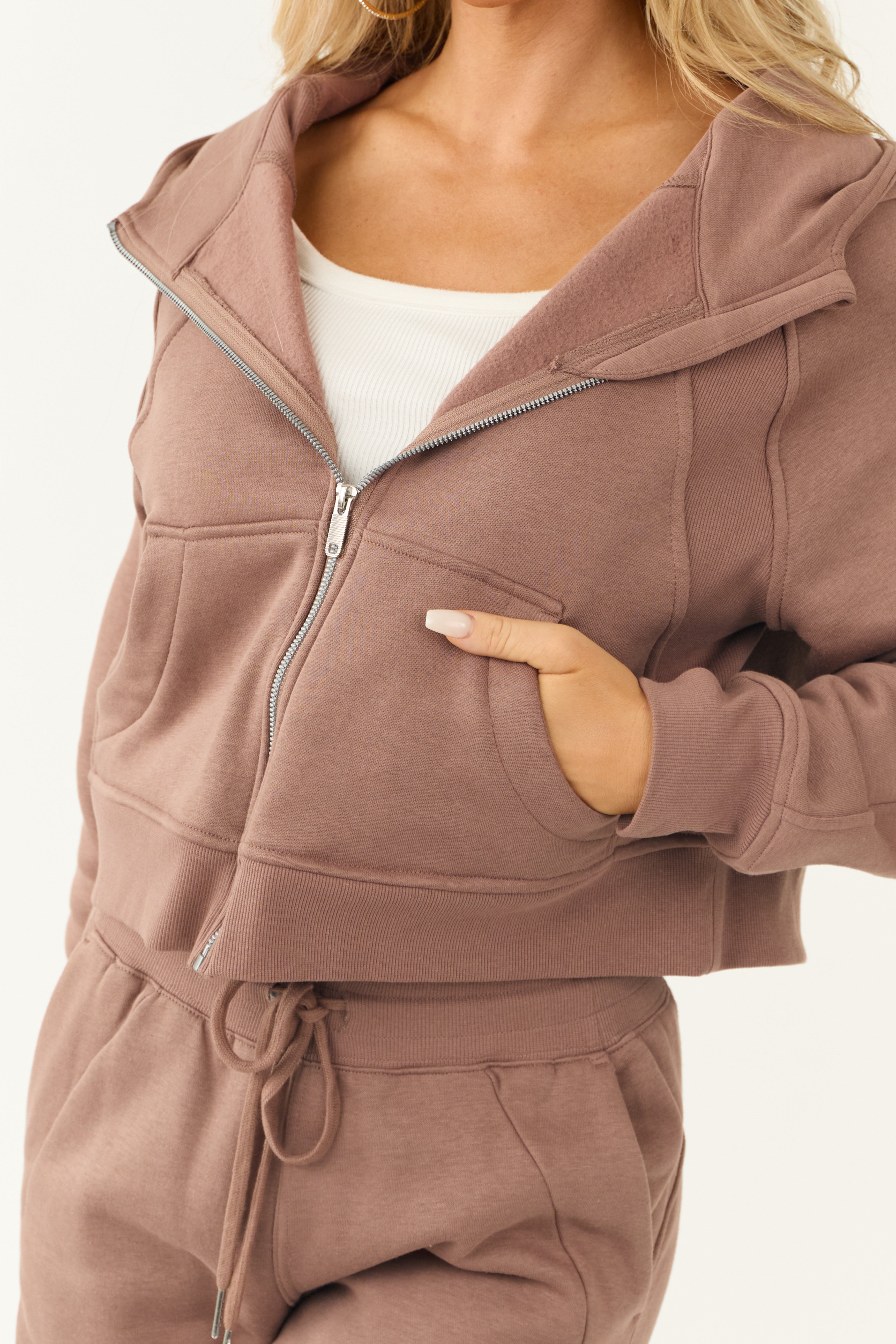 Coffee Zip Up Front Knit Hoodie with Thumbholes | Lime Lush Boutique