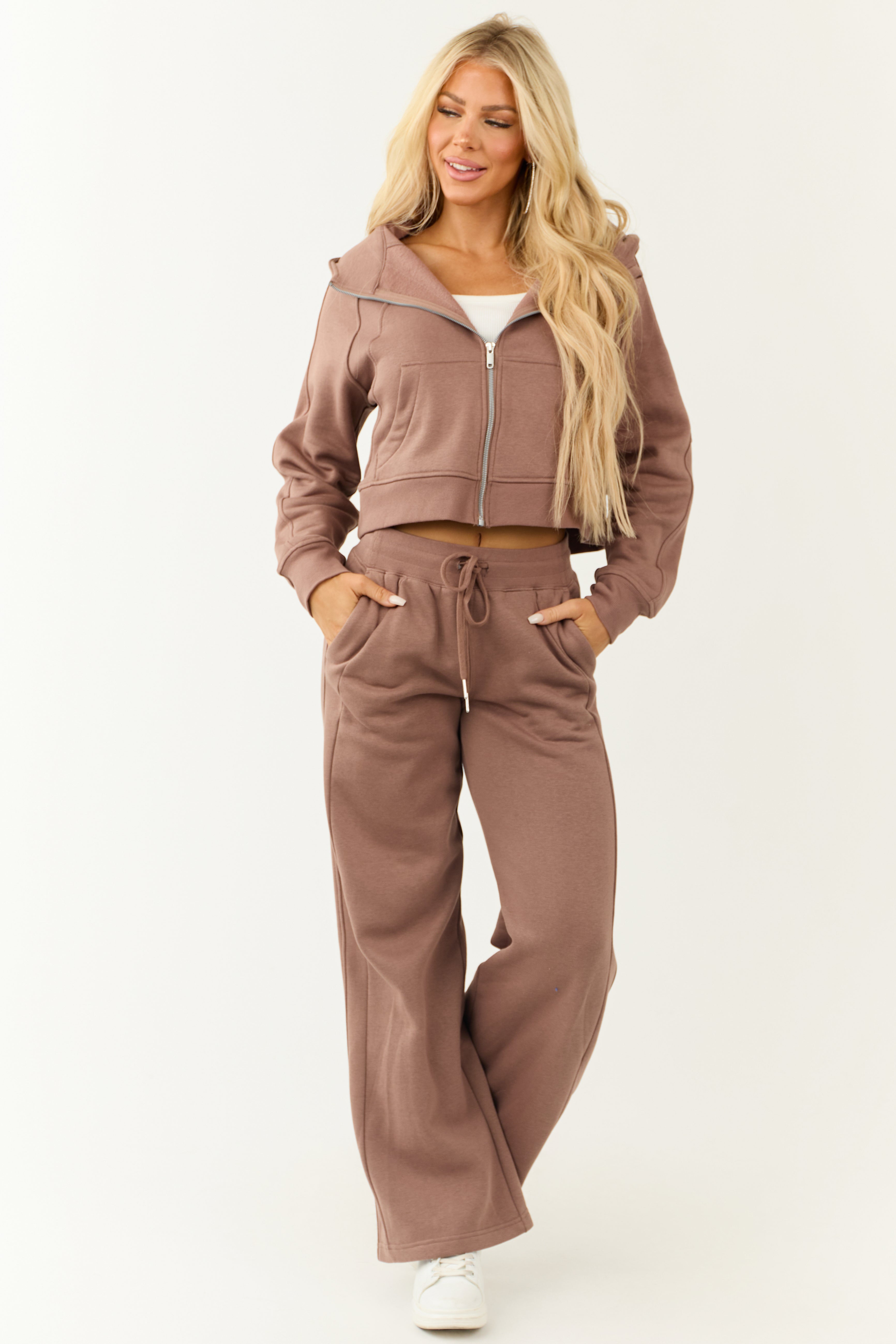Coffee Zip Up Front Knit Hoodie with Thumbholes | Lime Lush Boutique