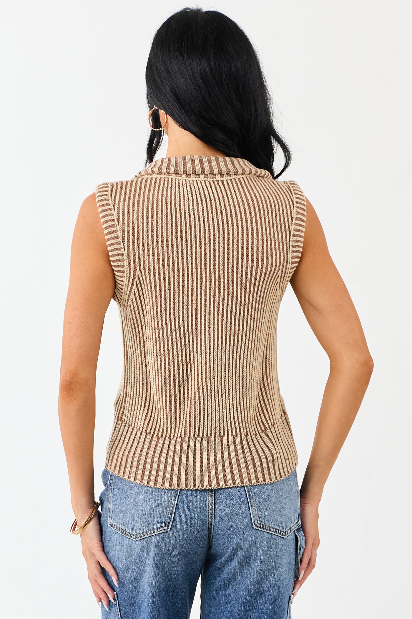 Coffee and Camel Rib Knit Zip Up Sweater Vest