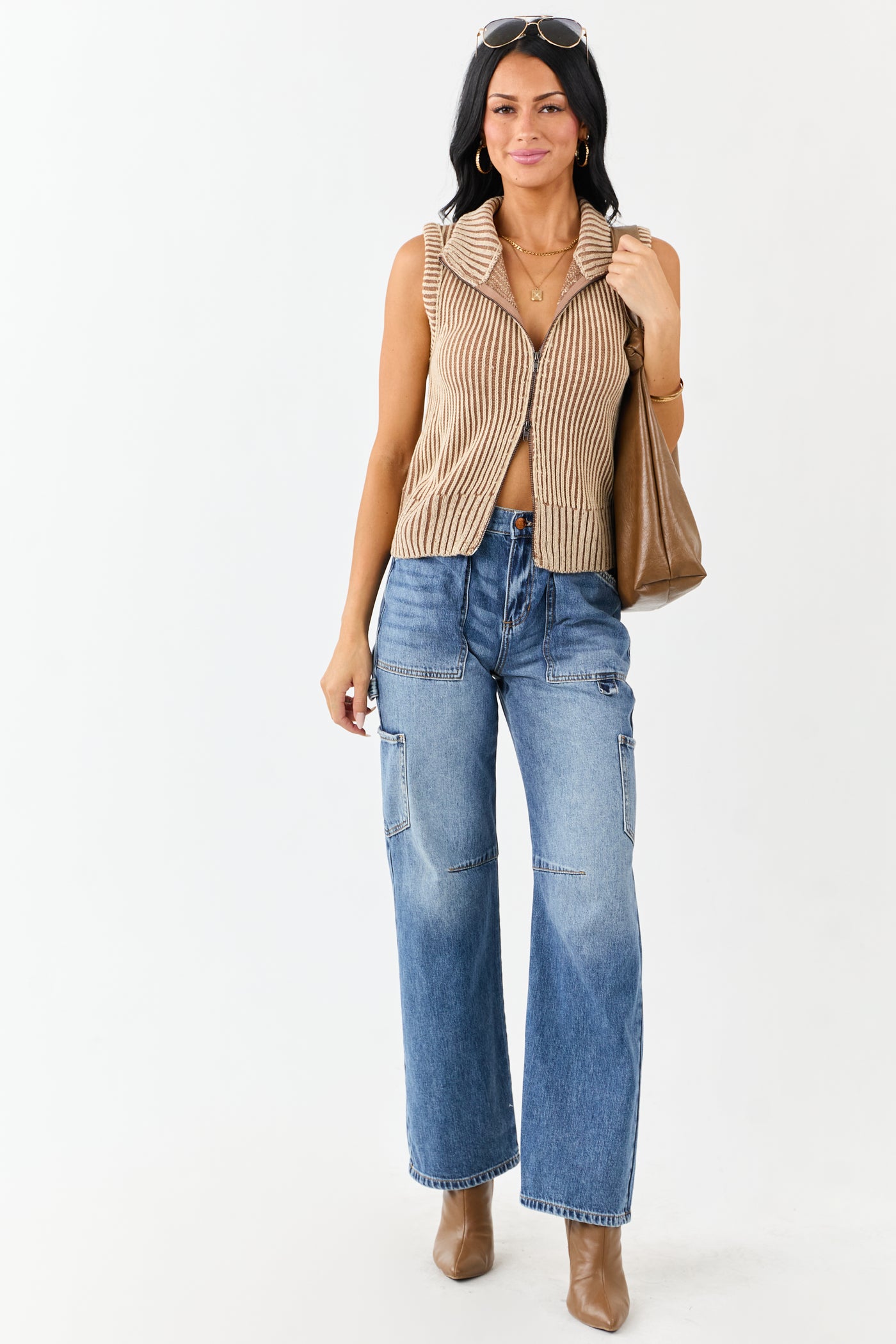 Coffee and Camel Rib Knit Zip Up Sweater Vest