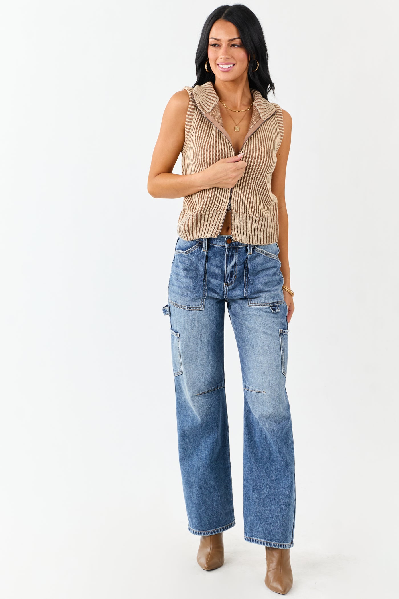 Coffee and Camel Rib Knit Zip Up Sweater Vest