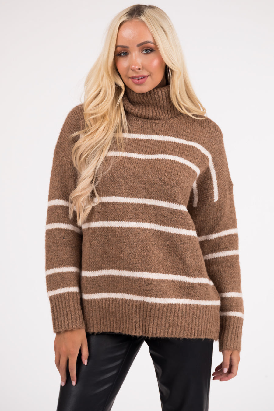 Coffee and Ivory Striped Turtleneck Sweater
