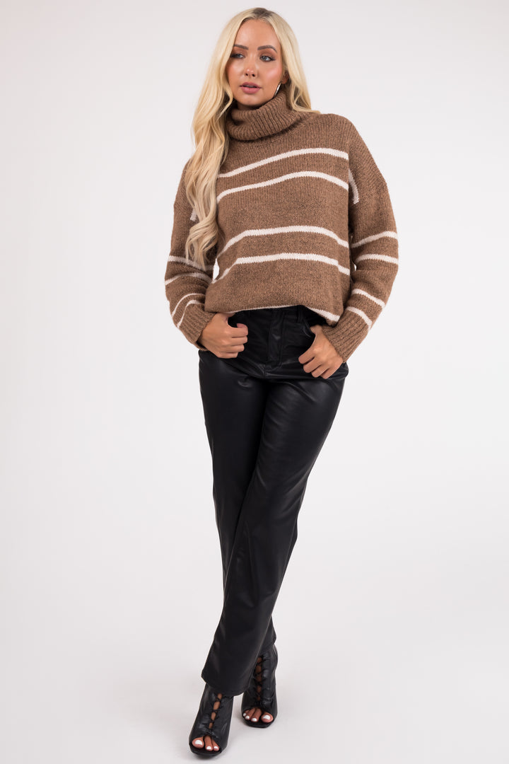 Coffee and Ivory Striped Turtleneck Sweater
