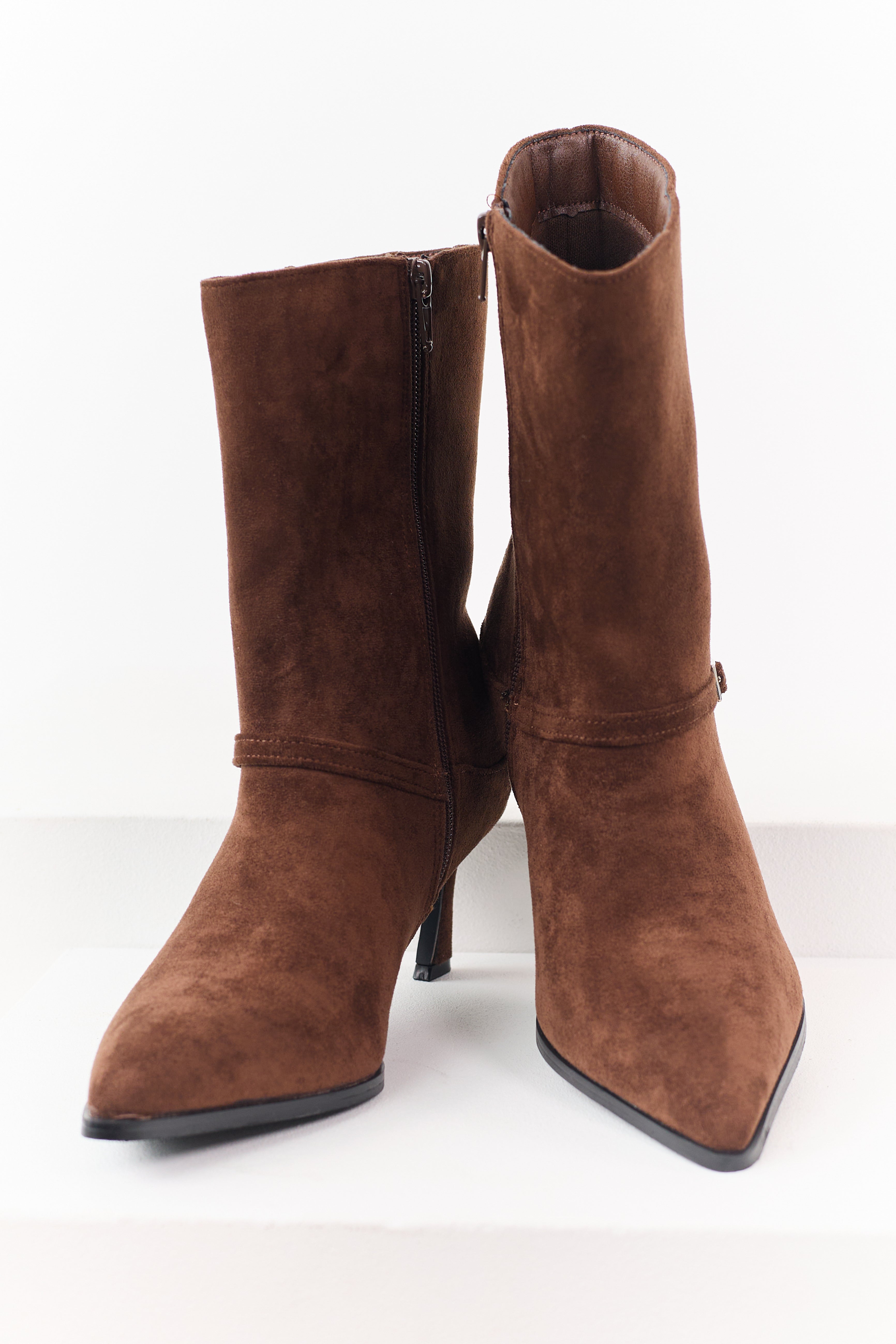 Coffee Faux Suede Kitten Heel Booties