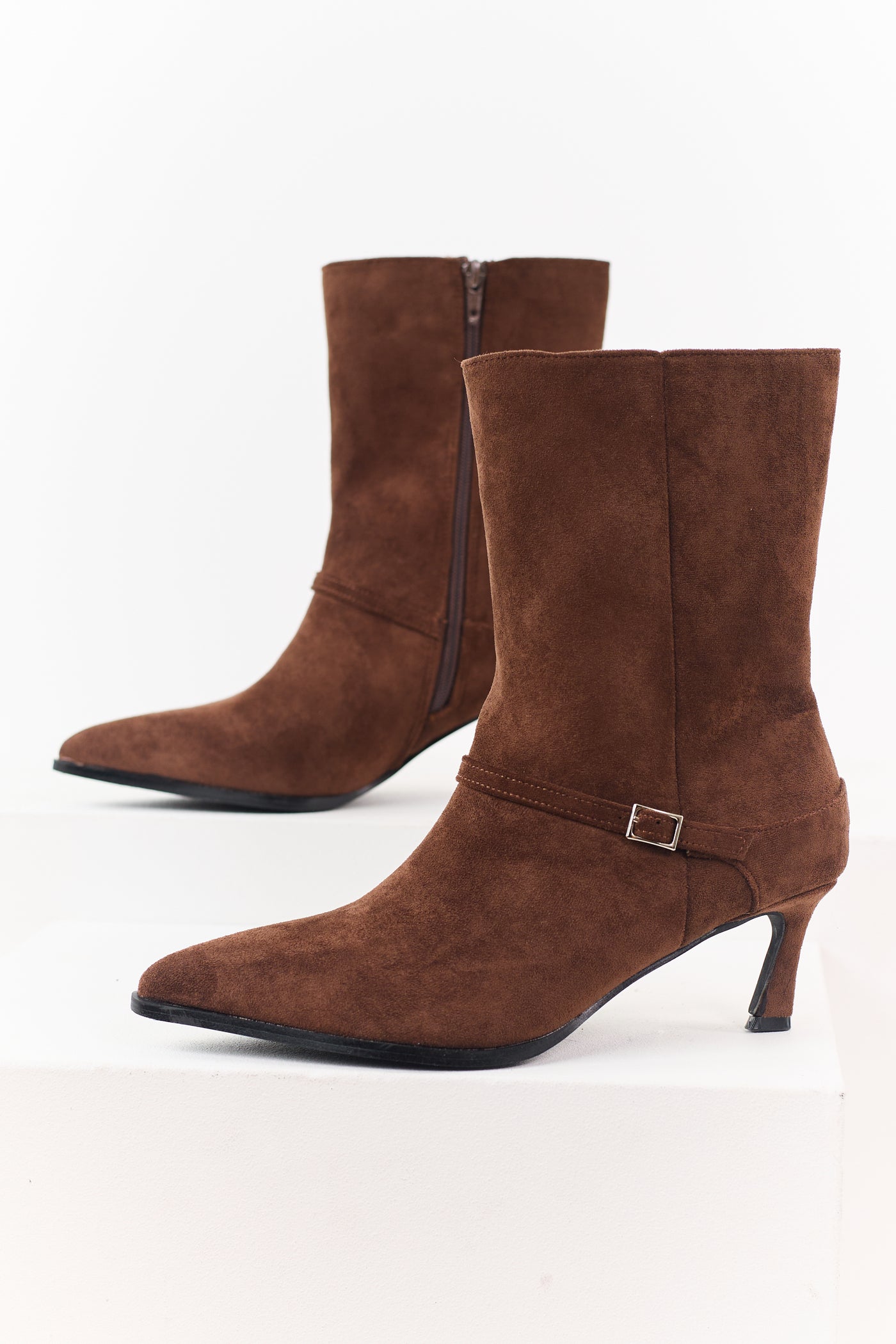 Coffee Faux Suede Kitten Heel Booties